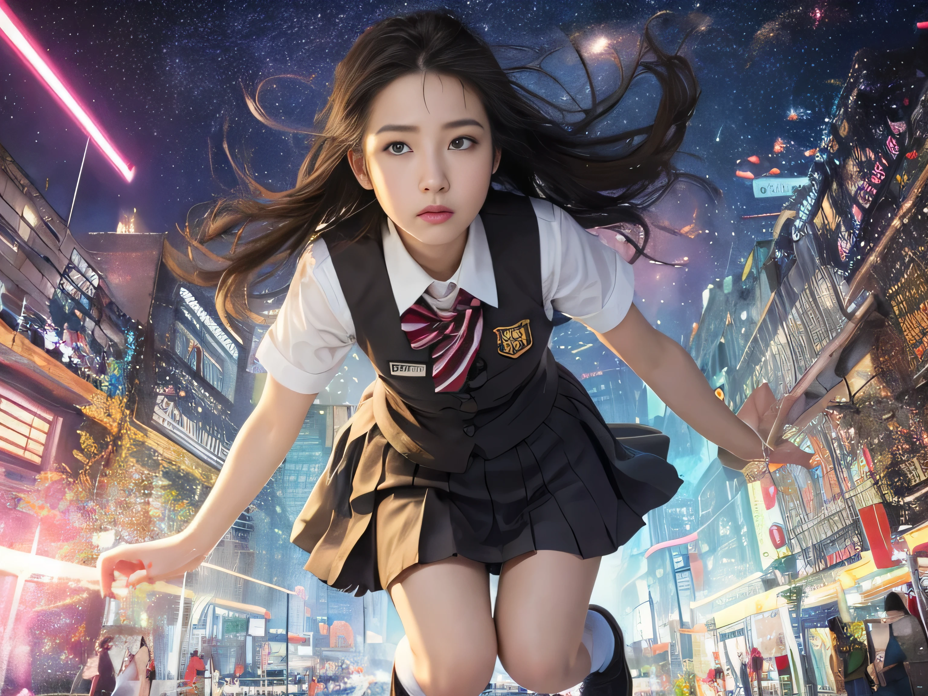 best image quality, movie lighting, octane rendering, super sharp, 1 girl, Japanese, 15 years old, troubled face, glowing skin, Detained fugitives, Running figure, brown hair, shortcut, (school uniform:1.3), cyber punk, Night sky with countless stars twinkling, Shining Milky Way, heavy rain:1.3, Remains, Laser beam attack, big explosion:1.3, Pillar of fire:1.2, A city engulfed in flames, flood, wet hair:1.5, wet skin:1.5, puddle, fine eyes, Fine skin texture, camel toe, Detailed CG image quality, 8mm fisheye lens, Angle looking up from below:1.2, (whole body angle), Full body soaked, fast shutter speed,