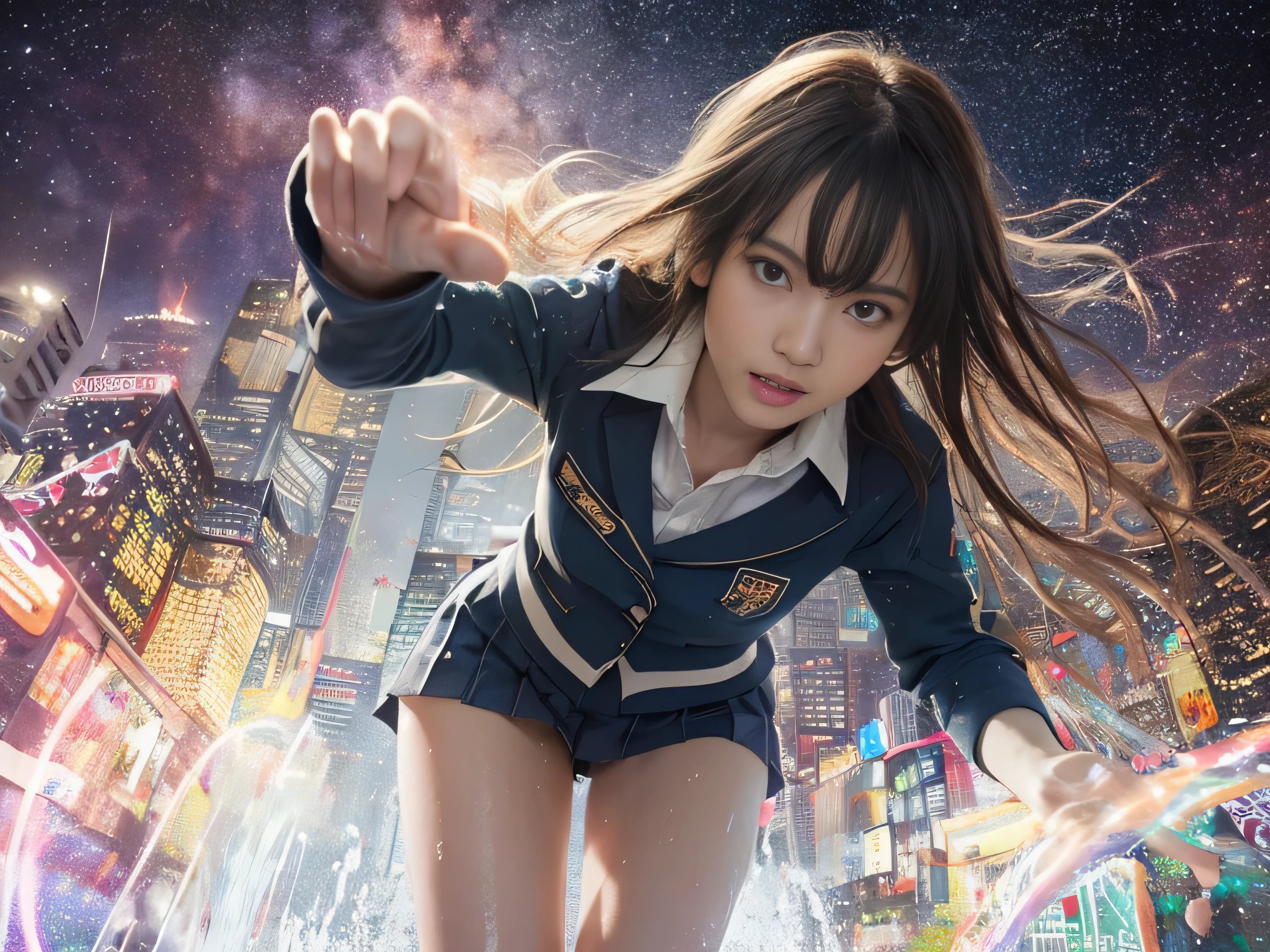 best image quality, movie lighting, octane rendering, super sharp, 1 girl, Japanese, , troubled face, glowing skin, Detained fugitives, Running figure, brown hair, shortcut, (school uniform:1.3), cyber punk, Night sky with countless stars twinkling, Shining Milky Way, heavy rain:1.3, Remains, Laser beam attack, big explosion:1.3, Pillar of fire:1.2, A city engulfed in flames, flood, wet hair:1.5, wet skin:1.5, puddle, fine eyes, Fine skin texture, camel toe, Detailed CG image quality, 8mm fisheye lens, Angle looking up from below:1.2, (whole body angle), Full body soaked, fast shutter speed,