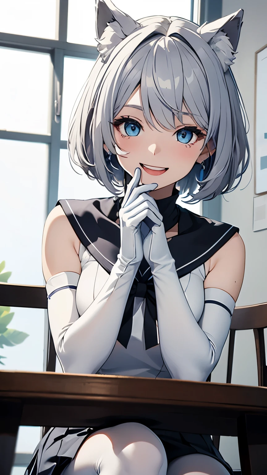 table top　High level image quality　best image quality　8K　 adult woman　portrait　Pure white long gloves（elbow gloves）　pure white pantyhose　sailor suit（sleeveless）　mini skirt　white wolf ears　short hair（（shortcut）（gray hair）（perm）（fluffy））　eye color is blue　Face seducing（（laughter）（smile）（open your mouth））　sit