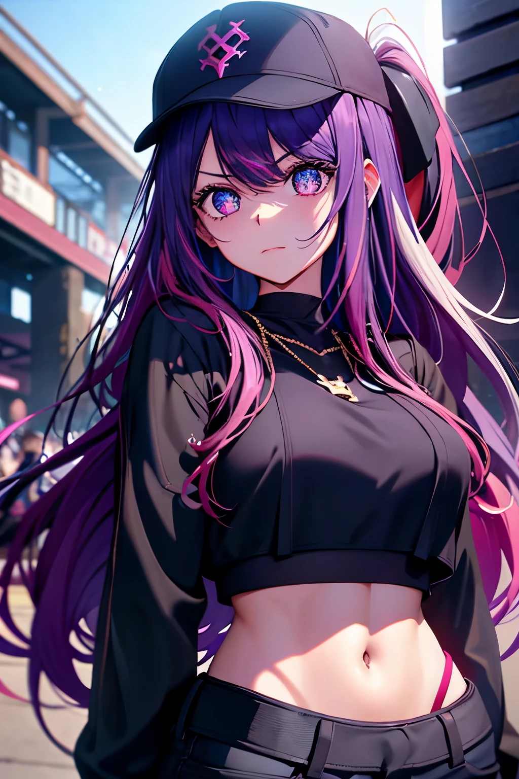 The anime-style image showcases a girl with long, wavy hair that transitions from a dark hue at the roots to a captivating vibrant purple at the ends. She dons a black crop top that exposes her defined abdomen, enhancing her athletic build, and accessorizes with a cross-shaped pendant necklace. Atop her head rests a black baseball cap, its rim embellished with pink details and distinctive white lettering. Her expressive, oversized anime eyes, adorned with purple or light brown coloring, gleam with an enchanting allure.
Accessorizing her look further, she wears a black leather choker adorned with a