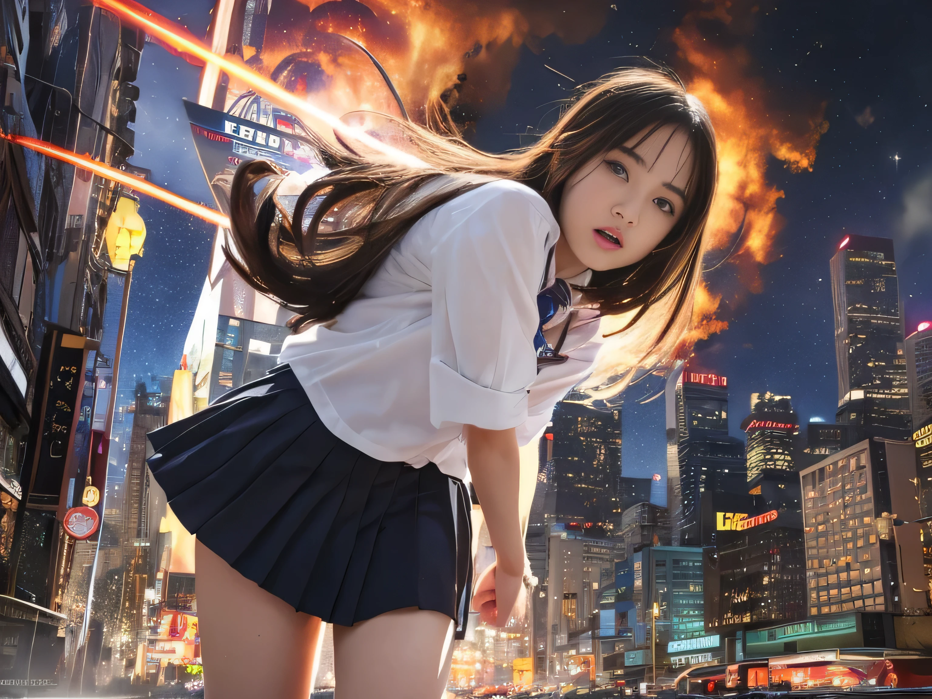 best image quality, movie lighting, octane rendering, super sharp, 1 girl, Japanese, , troubled face, glowing skin, Detained fugitives, Running figure, brown hair, shortcut, (school uniform:1.3), cyber punk, Night sky with countless stars twinkling, Shining Milky Way, heavy rain:1.3, Remains, Laser beam attack, big explosion:1.3, Pillar of fire:1.2, A city engulfed in flames, flood, wet hair:1.5, wet skin:1.5, puddle, fine eyes, Fine skin texture, camel toe, Detailed CG image quality, 8mm fisheye lens, Angle looking up from below:1.2, (whole body angle), Full body soaked, fast shutter speed,
