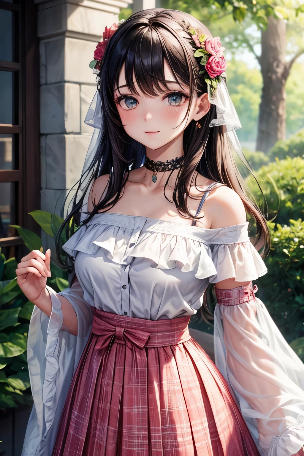 (best quality, masterpiece), 1girl, intricate details, off shoulder, skirt, choker, frills, see-through, looking at viewer, blush, upper body, blurry background, floral print, contrapposto