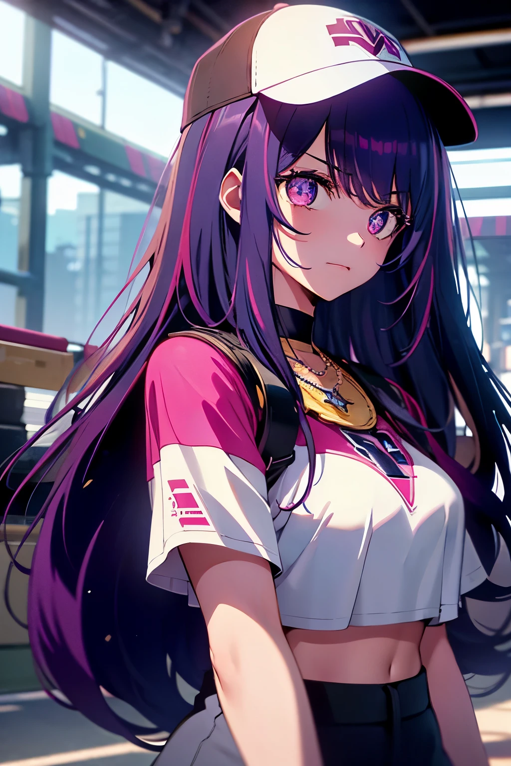The anime-style image showcases a girl with long, wavy hair that transitions from a dark hue at the roots to a captivating vibrant purple at the ends. She dons a black crop top that exposes her defined abdomen, enhancing her athletic build, and accessorizes with a cross-shaped pendant necklace. Atop her head rests a black baseball cap, its rim embellished with pink details and distinctive white lettering. Her expressive, oversized anime eyes, adorned with purple or light brown coloring, gleam with an enchanting allure.

Accessorizing her look further, she wears a black leather choker adorned with a