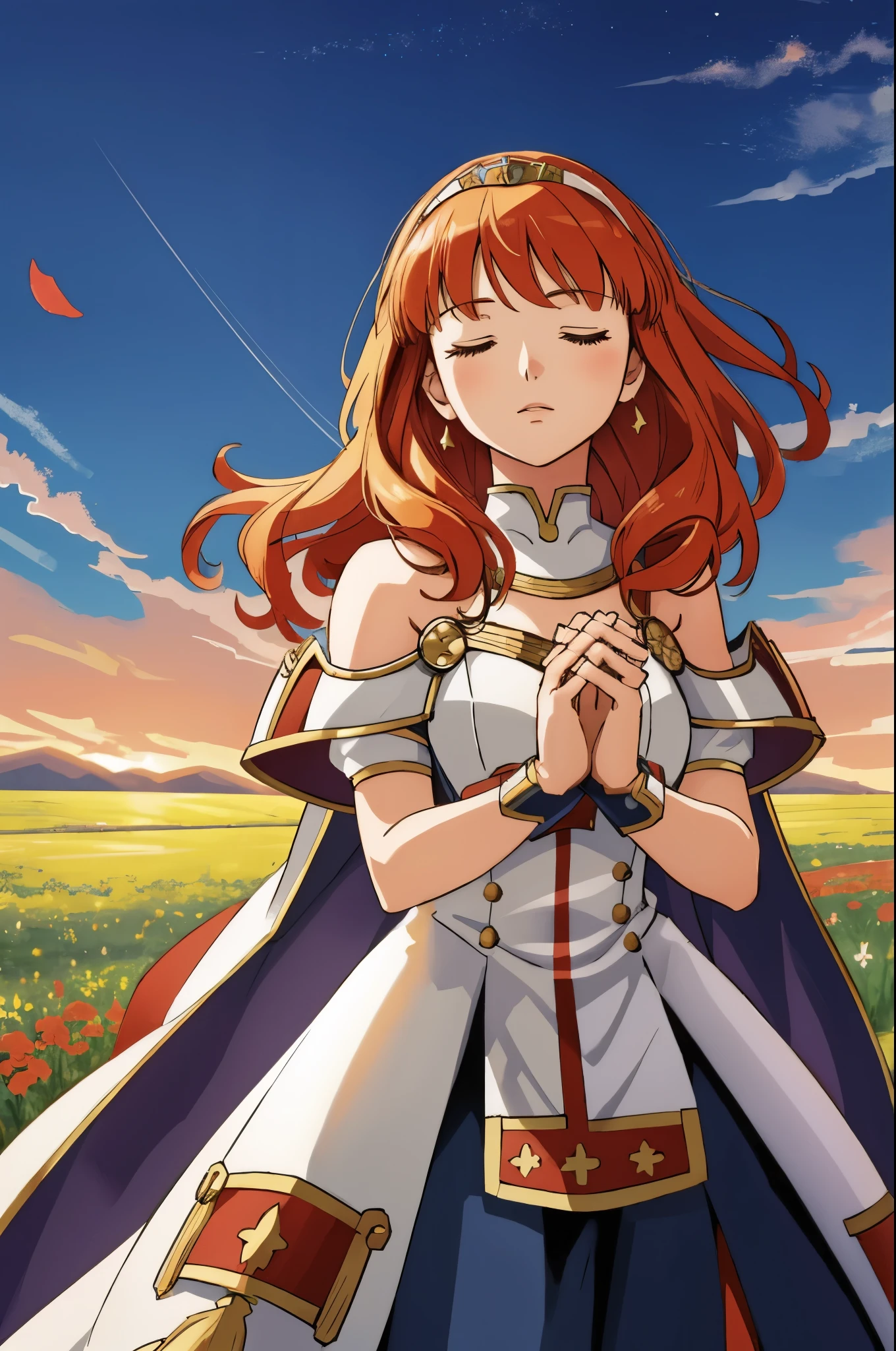 celica fe, 1girl, solo, head looking up at sky, field background, (flowers), standing, closed eyes, cape, armor, dress, tiara, bare shoulders, ppraying, hands held in prayer, upper body, cowboy shot, head tilted upwards