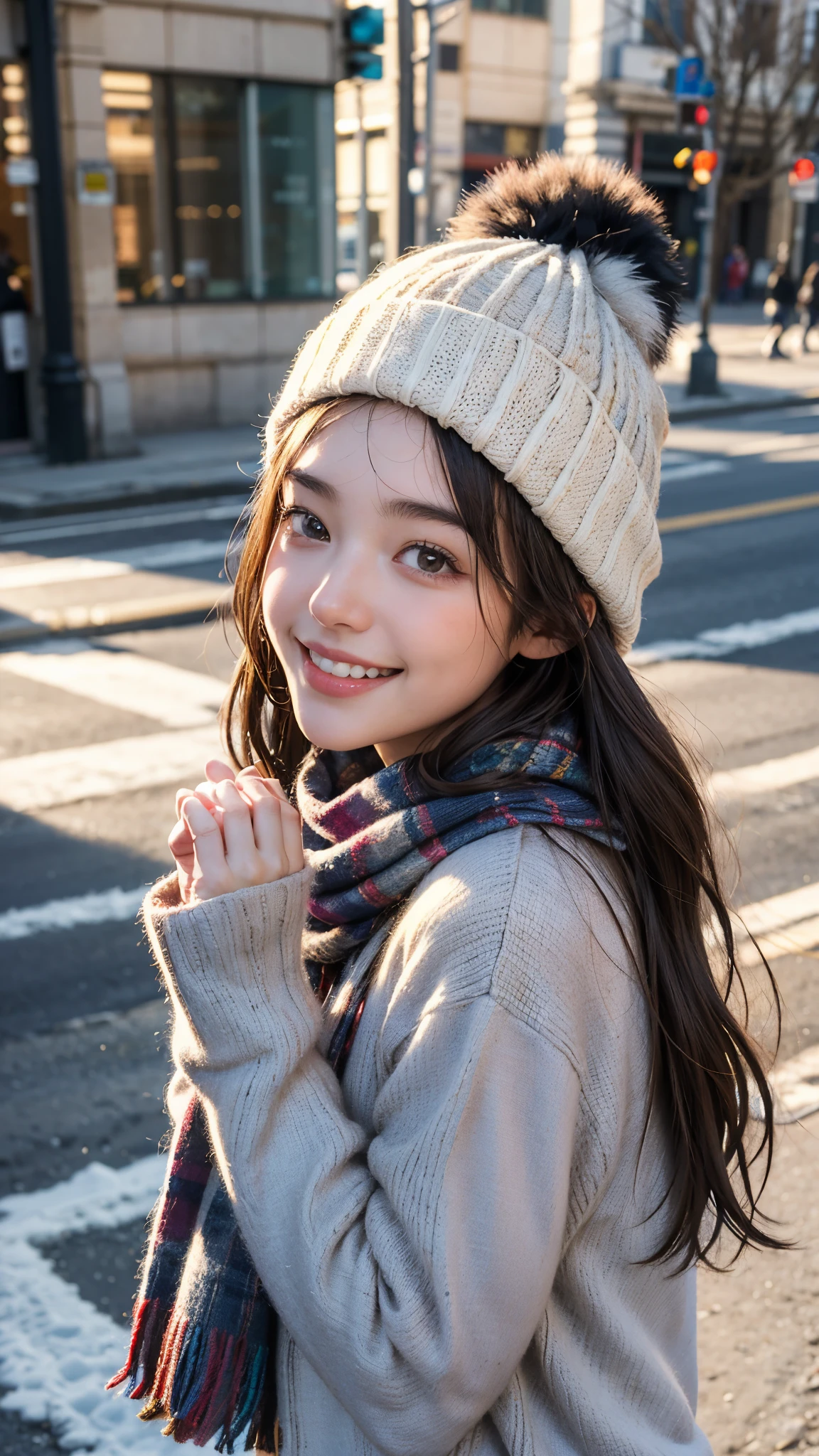highest quality, masterpiece, ultra high resolution, (realistic:1.4), (portrait facing each other) RAW photo, 1 girl, 18-year-old,((winter school uniform)),((knit hat and scarf)),((Hold out a paper bag containing a gift to the viewer with both hands..)),((looking up at the viewer)),(blush),masterpiece, realistic pictures, saturation, contrast, ((small breasts)),((toothy smile)),short hair,