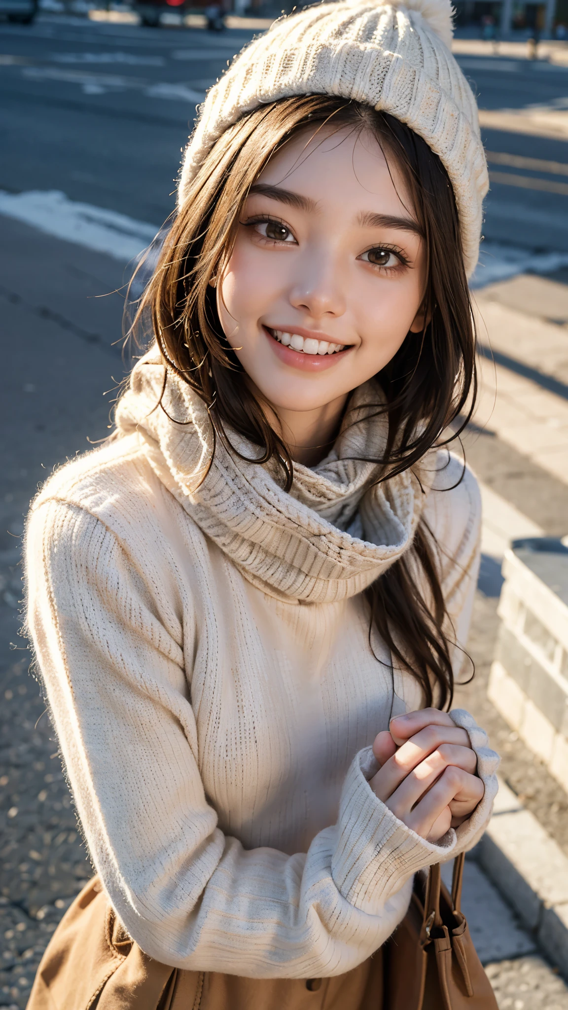 highest quality, masterpiece, ultra high resolution, (realistic:1.4), (portrait facing each other) RAW photo, 1 girl, 18-year-old,((winter school uniform)),((knit hat and scarf)),((Hold out a paper bag containing a gift to the viewer with both hands..)),((looking up at the viewer)),(blush),masterpiece, realistic pictures, saturation, contrast, ((small breasts)),((toothy smile)),short hair,