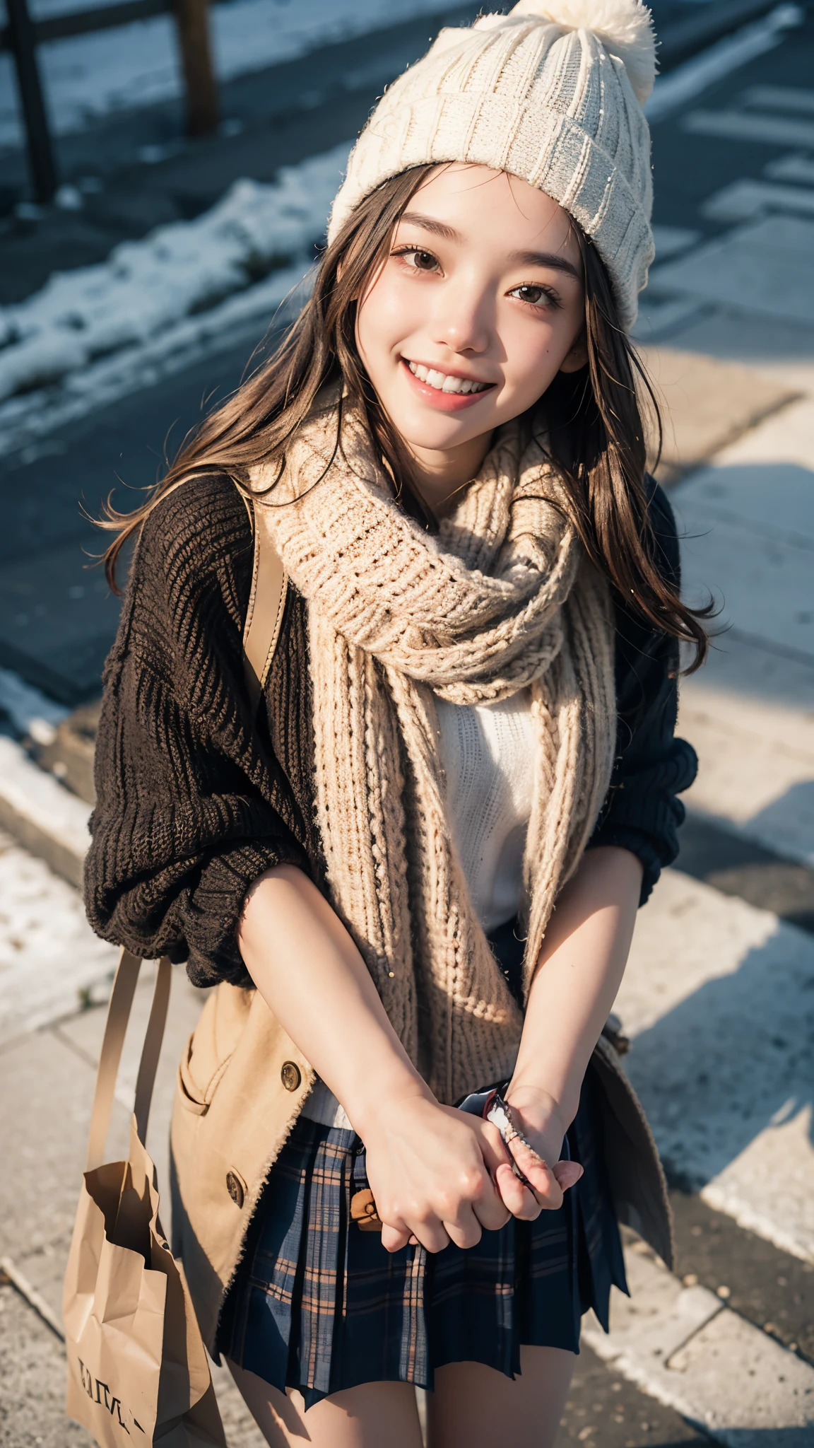 highest quality, masterpiece, ultra high resolution, (realistic:1.4), (portrait facing each other) RAW photo, 1 girl, 18-year-old,((winter school uniform)),((knit hat and scarf)),((Hold out a paper bag containing a gift to the viewer with both hands..)),((looking up at the viewer)),(blush),masterpiece, realistic pictures, saturation, contrast, ((small breasts)),((toothy smile)),short hair,