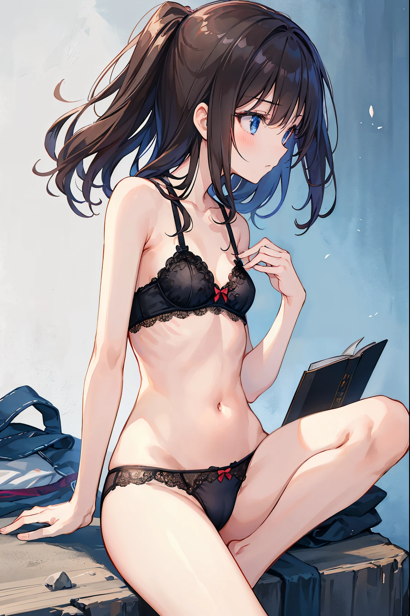 How to sit a girl,written boundary depth, delicate eyes, full hand, no extra limbs,small breasts,I can see my underwear,refer5Book,arm2Book,foot2Book,distinct nose bridge,fine skin、Smooth、perfect beauty、small breasts、In underwear、Slender feet、thin,natural posture,long rich brown hair、very very beautiful,black underwear、beautiful profile、warm spring sunlight,perfect style,black hair,Ahegao