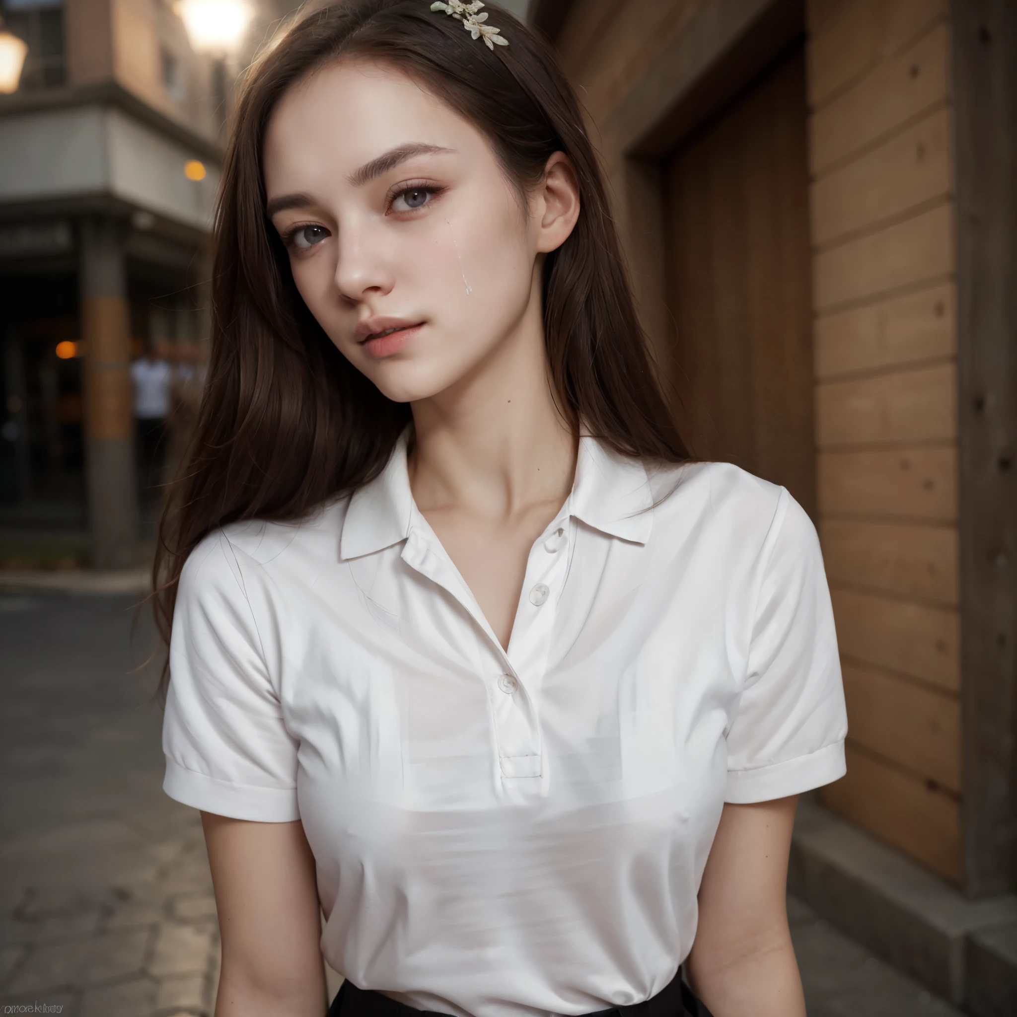 (Full Body Photo), 8k, FHD, ((Ultra Res)) (Real Face: 1.2), (Light and Vivid Colors) (Real Skin Texture), (Masterpiece), (Best Quality), (Natural Skin , soft and pale), (long dark brown hair. (very light eyes). (Expressive eyes with a lot of detail), (polo shirt, pleated miniskirt), Pose inviting a man、On the street at night、long hair、watching the rain、, (Pretty face), (Perfect lips).. (Defined body), (Perfect beauty), (Perfect nose), (Thin and clear eyebrows), (Beautiful and perfect (Subtle sensual makeup), (Pale skin , soft. and soft.), (beautiful model, young and cute), (, (soft curves), slim face. , ((detailed facial features)),