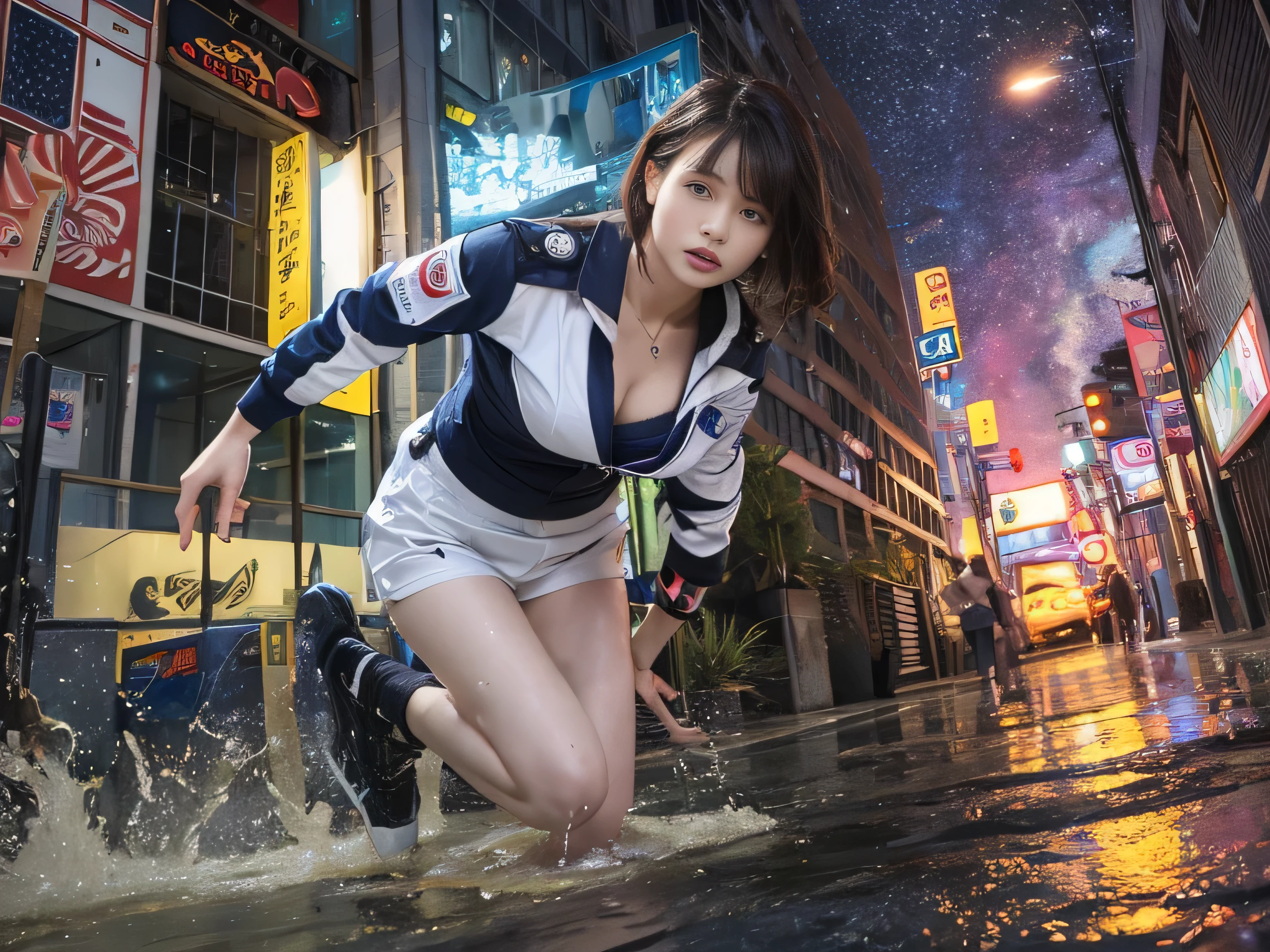 best image quality, movie lighting, octane rendering, super sharp, 1 girl, Japanese, troubled face, glowing skin, Detained fugitives, Running figure, brown hair, shortcut, Full body white pilot suit:1.3, cleavage, cyber punk, Night sky with countless stars twinkling, Shining Milky Way, heavy rain:1.3, Remains, Laser beam attack, big explosion:1.3, Pillar of fire:1.2, A city engulfed in flames, flood, wet hair:1.5, wet skin:1.5, puddle, fine eyes, Fine skin texture, camel toe, Detailed CG image quality, 8mm fisheye lens, Angle looking up from below:1.2, (whole body angle), Full body soaked, fast shutter speed,