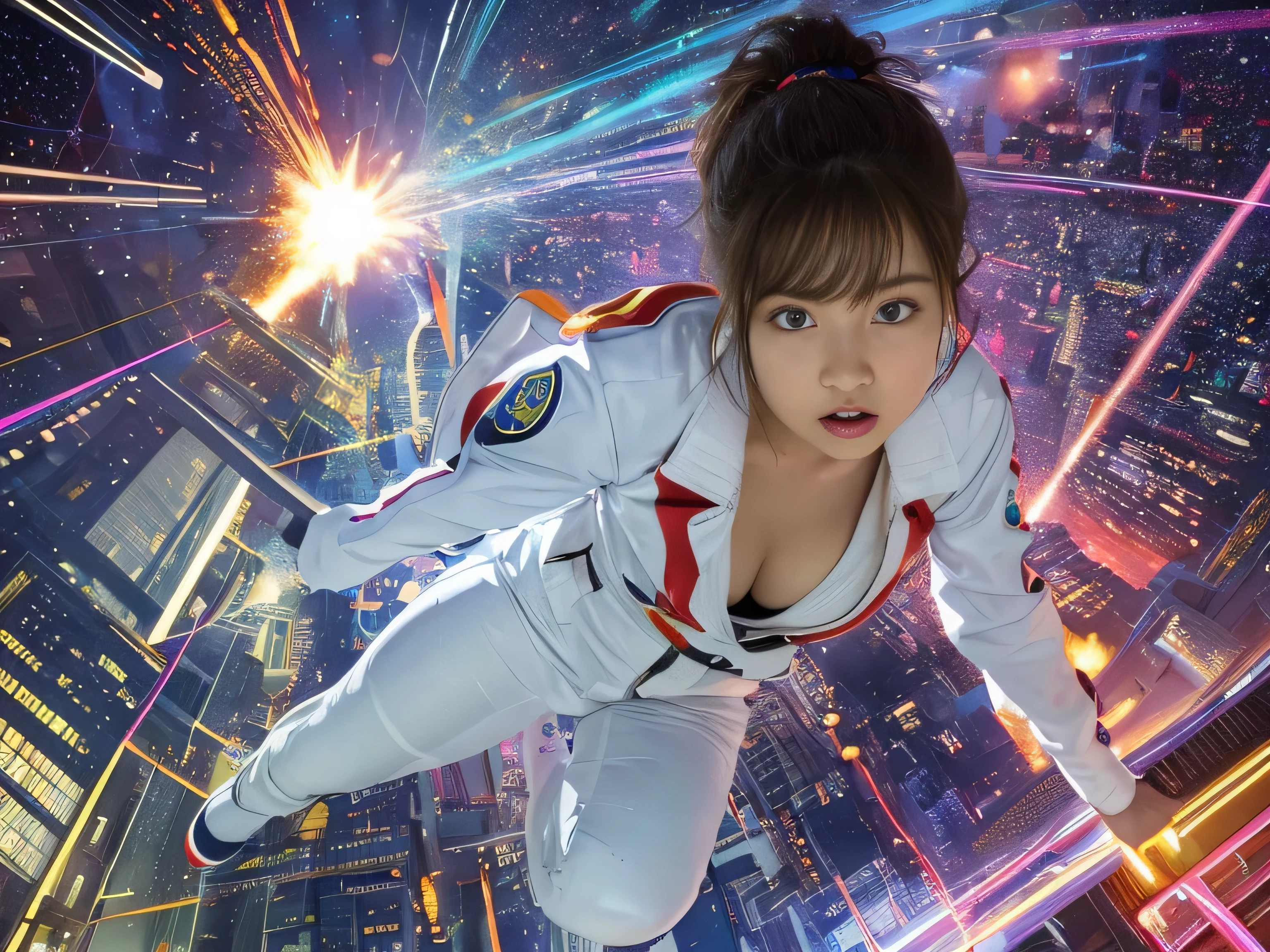 best image quality, movie lighting, octane rendering, super sharp, 1 girl, Japanese, troubled face, glowing skin, Detained fugitives, Running figure, brown hair, shortcut, Full body white pilot suit:1.3, cleavage, cyber punk, Night sky with countless stars twinkling, Shining Milky Way, heavy rain:1.3, Remains, Laser beam attack, big explosion:1.3, Pillar of fire:1.2, A city engulfed in flames, flood, wet hair:1.5, wet skin:1.5, puddle, fine eyes, Fine skin texture, camel toe, Detailed CG image quality, 8mm fisheye lens, Angle looking up from below:1.2, (whole body angle), Full body soaked, fast shutter speed,
