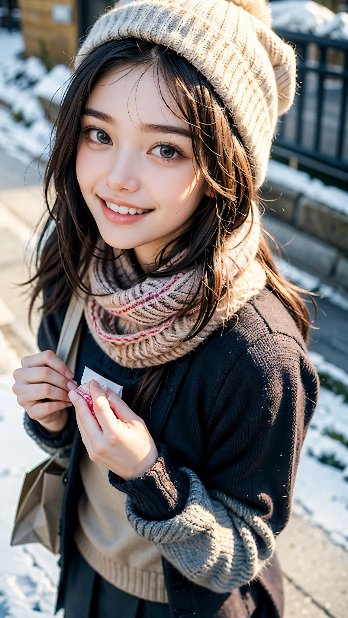 highest quality, masterpiece, ultra high resolution, (realistic:1.4), (portrait facing each other) RAW photo, 1 girl, 18-year-old,((winter school uniform)),((knit hat and scarf)),((Hold out a paper bag containing a gift to the viewer with both hands..)),((looking up at the viewer)),(blush),masterpiece, realistic pictures, saturation, contrast, ((small breasts)),((toothy smile)),short hair,