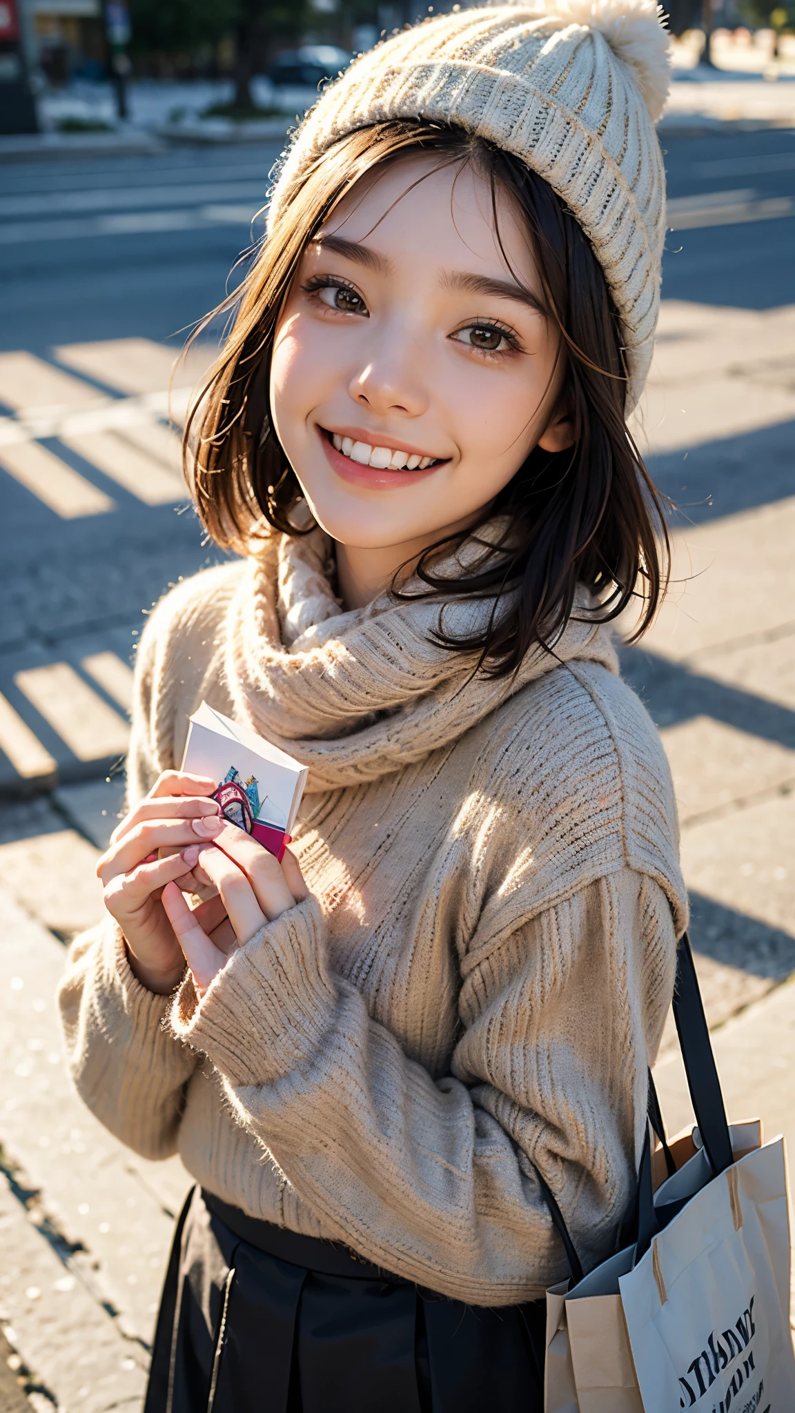 highest quality, masterpiece, ultra high resolution, (realistic:1.4), (portrait facing each other) RAW photo, 1 girl, 18-year-old,((winter school uniform)),((knit hat and scarf)),((Hold out a paper bag containing a gift to the viewer with both hands..)),((looking up at the viewer)),(blush),masterpiece, realistic pictures, saturation, contrast, ((small breasts)),((toothy smile)),short hair,