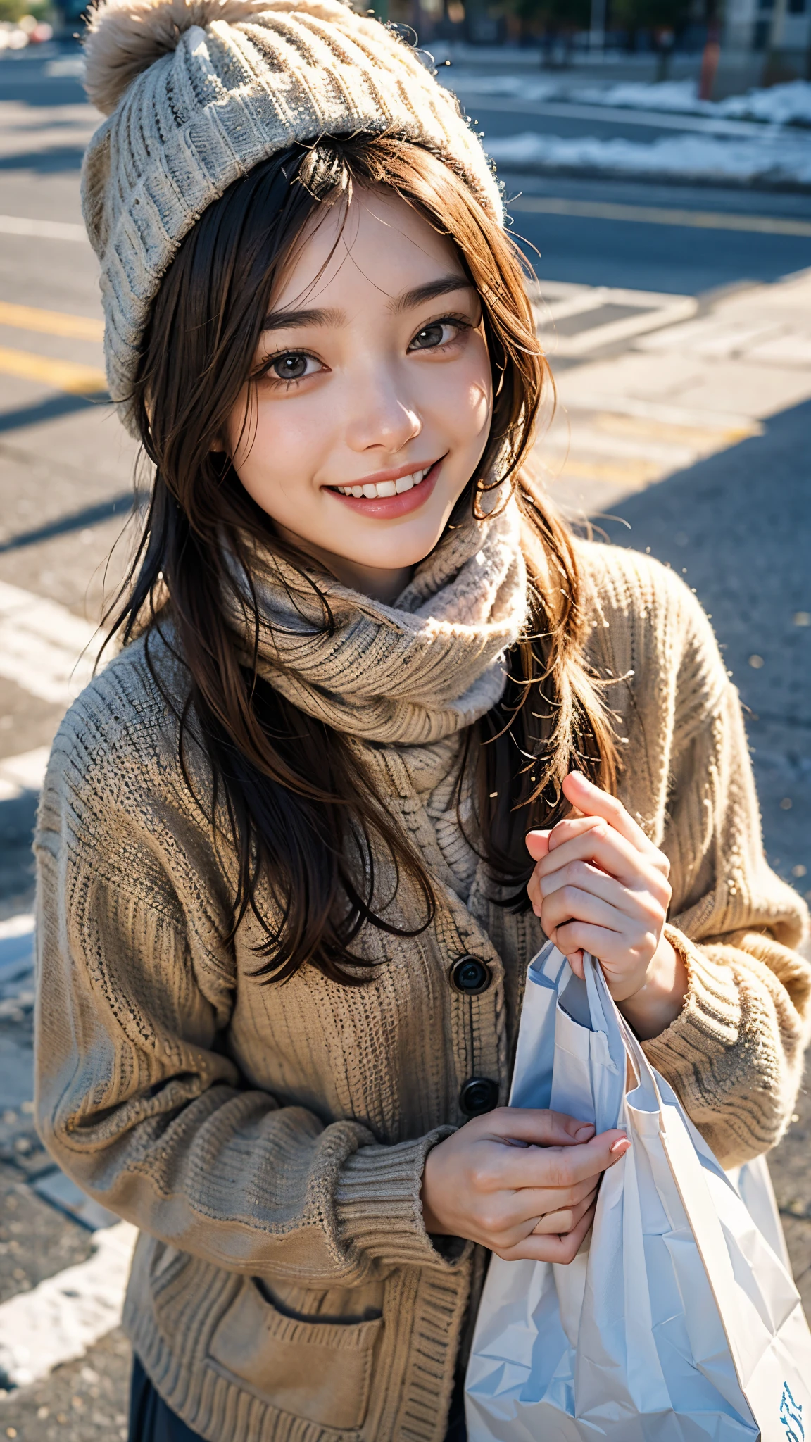 highest quality, masterpiece, ultra high resolution, (realistic:1.4), (portrait facing each other) RAW photo, 1 girl, 18-year-old,((winter school uniform)),((knit hat and scarf)),((Hold out a paper bag containing a gift to the viewer with both hands..)),((looking up at the viewer)),(blush),masterpiece, realistic pictures, saturation, contrast, ((small breasts)),((toothy smile)),short hair,