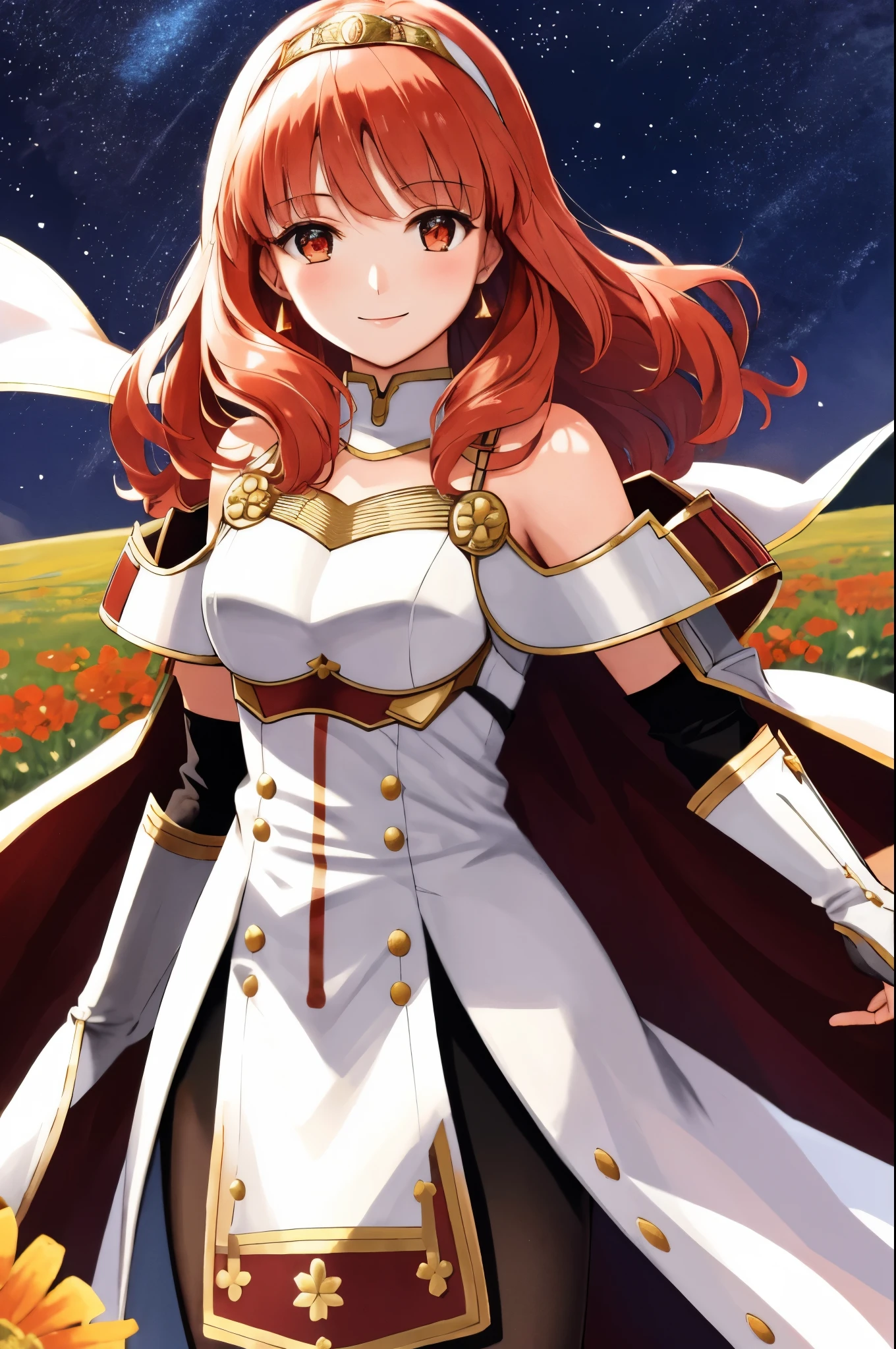 celica fe, 1girl, solo, field background, (flowers), standing, cape, armor, dress, tiara, bare shoulders, upper body, cowboy shot, smiling, looking at viewer