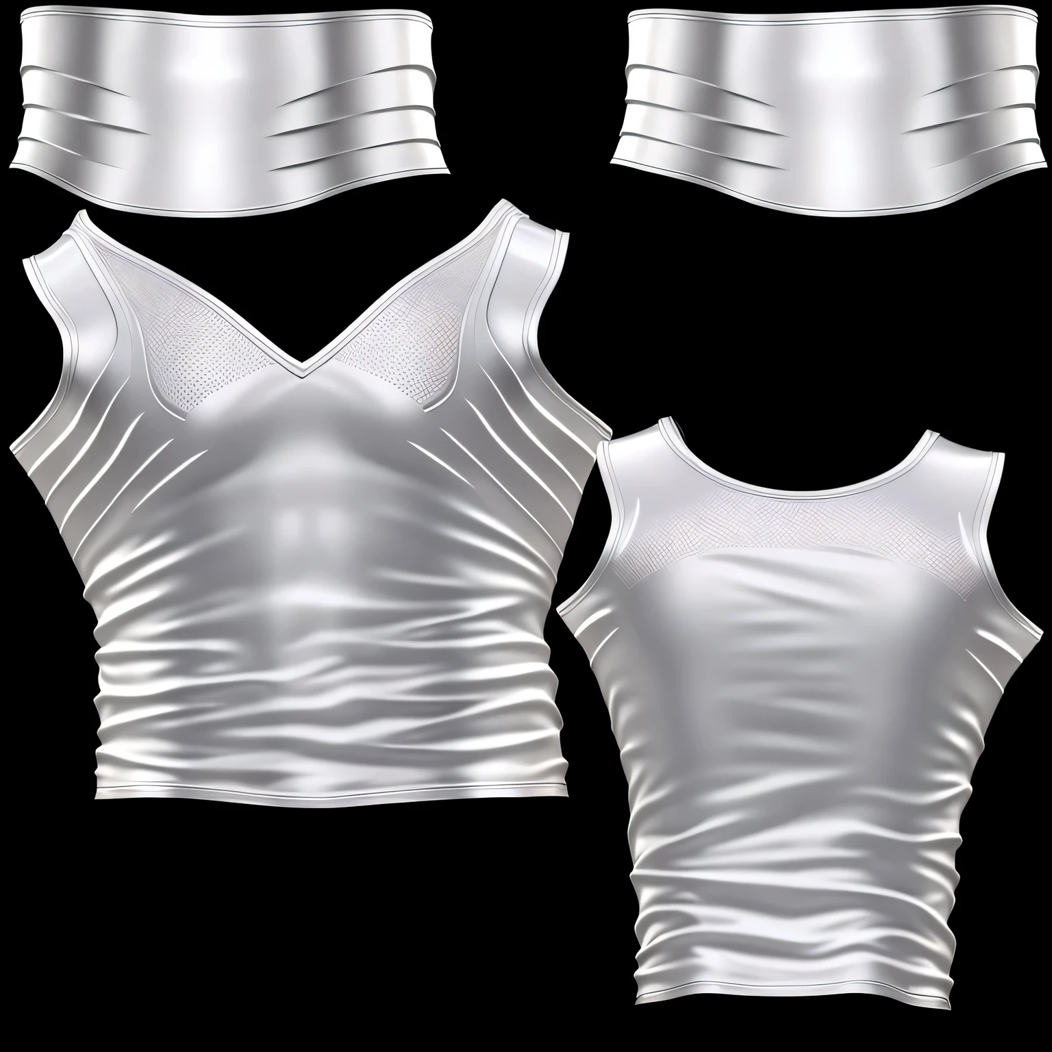 a close up of a white tank top on a black background, open v chest clothes, highly detailed upper body, untextured, metallic torso, upper body visible, body ribs meshes, realistic clothing, upper torso included, detailed clothes texture, upper body avatar, sleek smooth white plated armor, detailed upper body, clothes high detail, 3 d white shiny thick