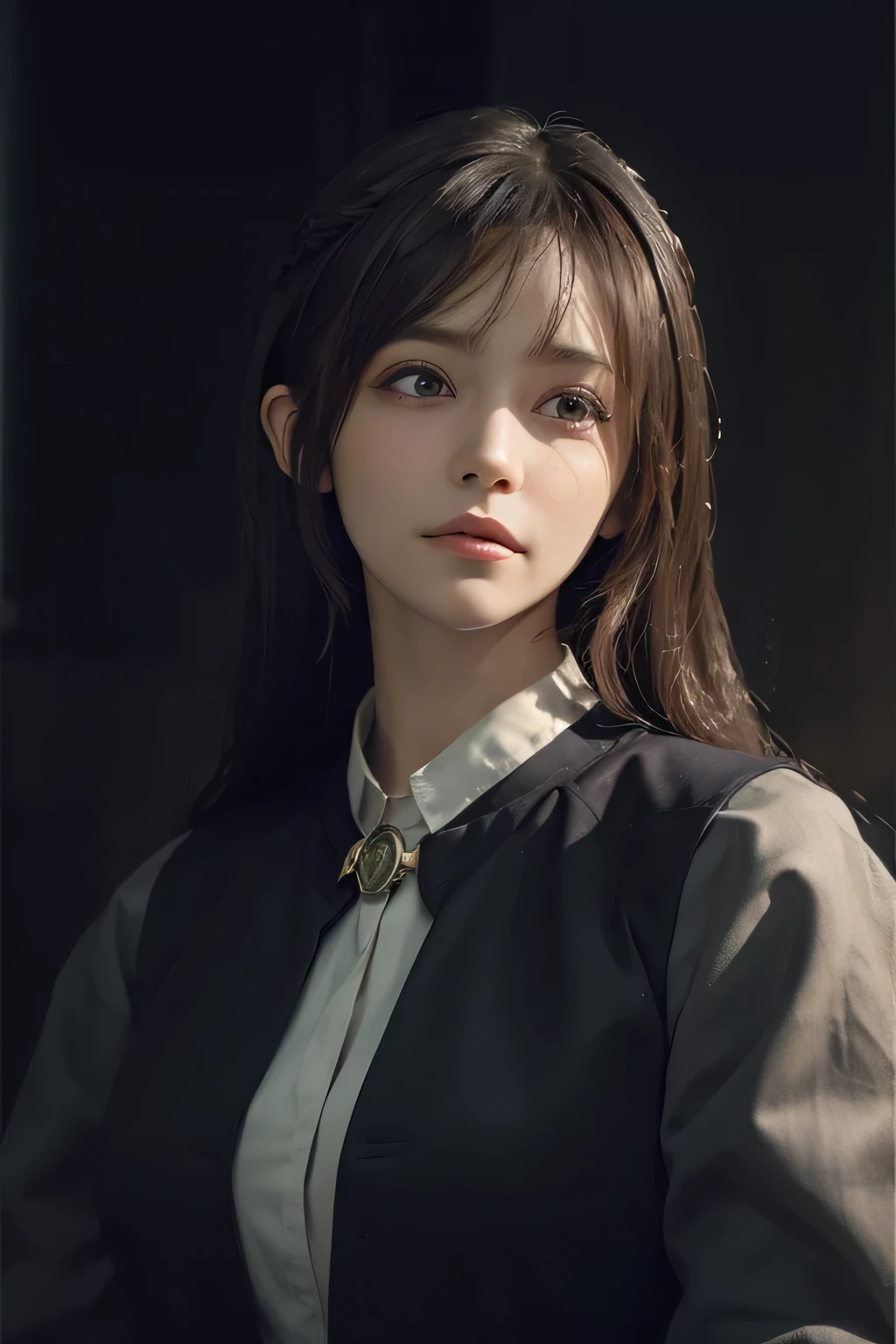 (front focus), (in the darkness:1.6), Surrealistic Female Portraits by David Hockney and Alphonse Mucha, fantasy art, lifelike, dynamic lighting, art station, poster, Volumetric lighting, Very detailed faces, 4K, Award-winning, 1 girl, low profile, White shirt, (official clothing:1.4), long hair,