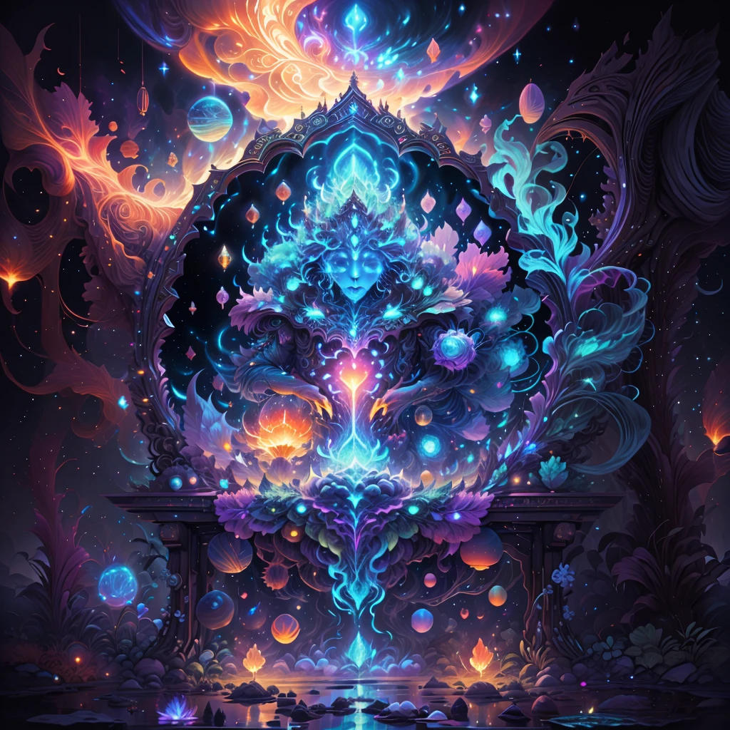 Represents the fusion of the heart with the supernatural realm and the vast universe. Imagine an ethereal and mysterious scenario. A heart shines with a soft, sparkling light. The heart seems to be floating in a translucent mist, evoking a sense of mystery and transcendence. From the heart, emanates a series of projections, each representing a unique aspect. Some projections take the form of elements of nature, like flower petals or dancing flames, evoking a deep connection to the natural realm. Other projections extend into outer space, turning into bright constellations, distant galaxies or rays of shooting stars. These cosmic projections symbolize the expansion of emotion beyond the limits of the life, Creating a magical and spiritual atmosphere. The soft light emanating from the heart and projections contributes to a sense of peace and awe. The resulting image captures the idea of a heart that transcends boundaries, Exploring the Supernatural and Cosmic Realms. This fusion of souls and the divine creates a visual narrative that evokes the search for the deepest emotional connection and the expansion of one's own essence into the vast universe.