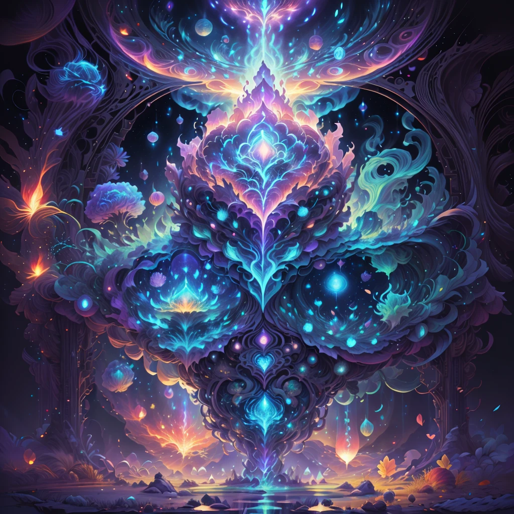 Represents the fusion of the heart with the supernatural realm and the vast universe. Imagine an ethereal and mysterious scenario. A heart shines with a soft, sparkling light. The heart seems to be floating in a translucent mist, evoking a sense of mystery and transcendence. From the heart, emanates a series of projections, each representing a unique aspect. Some projections take the form of elements of nature, like flower petals or dancing flames, evoking a deep connection to the natural realm. Other projections extend into outer space, turning into bright constellations, distant galaxies or rays of shooting stars. These cosmic projections symbolize the expansion of emotion beyond the limits of the life, Creating a magical and spiritual atmosphere. The soft light emanating from the heart and projections contributes to a sense of peace and awe. The resulting image captures the idea of a heart that transcends boundaries, Exploring the Supernatural and Cosmic Realms. This fusion of souls and the divine creates a visual narrative that evokes the search for the deepest emotional connection and the expansion of one's own essence into the vast universe.