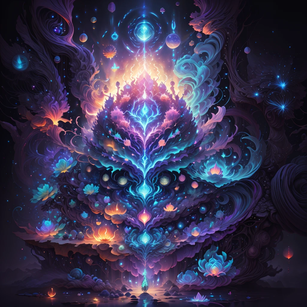 Represents the fusion of the heart with the supernatural realm and the vast universe. Imagine an ethereal and mysterious scenario. A heart shines with a soft, sparkling light. The heart seems to be floating in a translucent mist, evoking a sense of mystery and transcendence. From the heart, emanates a series of projections, each representing a unique aspect. Some projections take the form of elements of nature, like flower petals or dancing flames, evoking a deep connection to the natural realm. Other projections extend into outer space, turning into bright constellations, distant galaxies or rays of shooting stars. These cosmic projections symbolize the expansion of emotion beyond the limits of the life, Creating a magical and spiritual atmosphere. The soft light emanating from the heart and projections contributes to a sense of peace and awe. The resulting image captures the idea of a heart that transcends boundaries, Exploring the Supernatural and Cosmic Realms. This fusion of souls and the divine creates a visual narrative that evokes the search for the deepest emotional connection and the expansion of one's own essence into the vast universe.