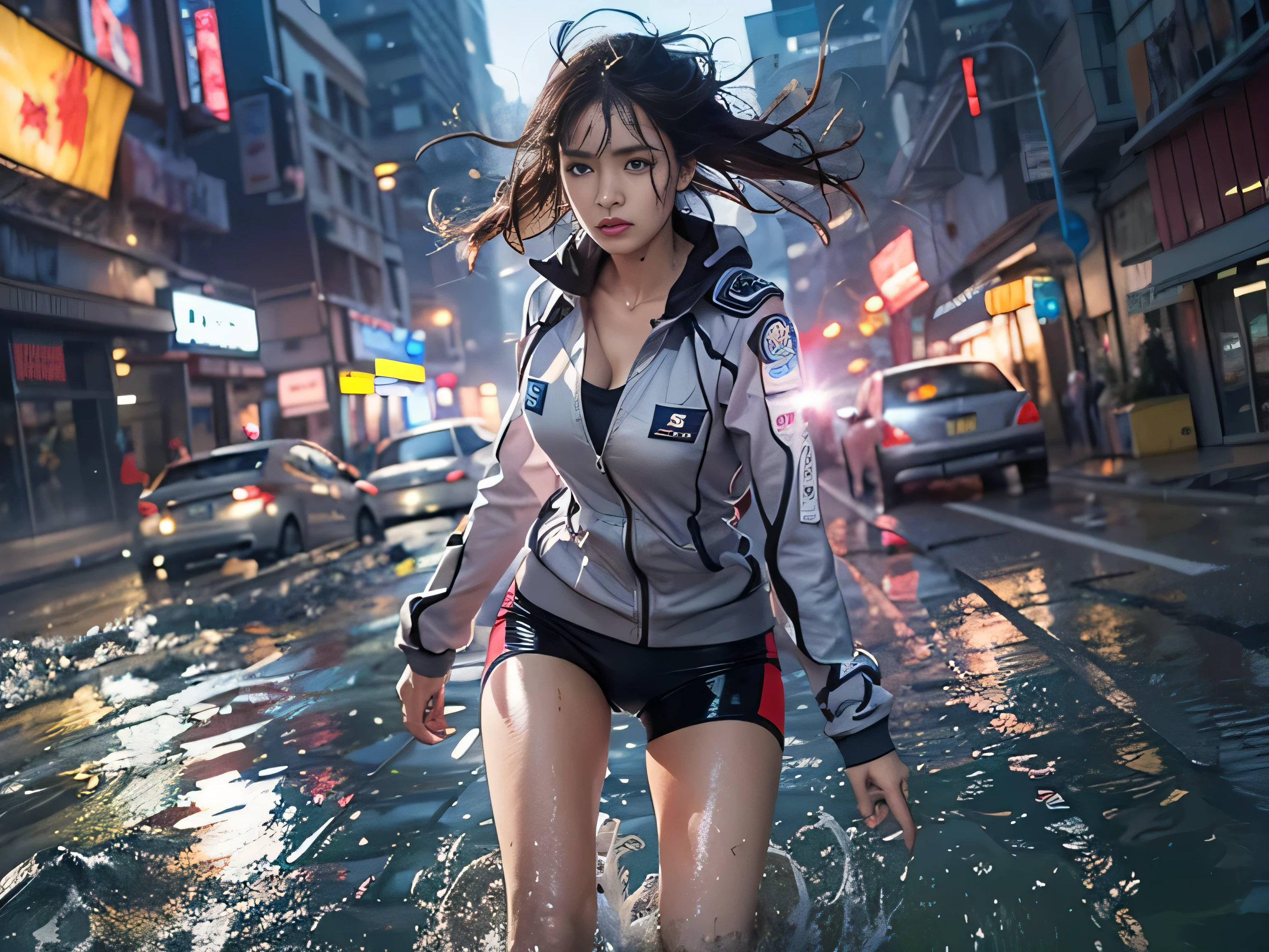 best image quality, movie lighting, octane rendering, super sharp, 1 girl, Japanese, troubled face, glowing skin, Detained fugitives, Running figure, brown hair, shortcut, Full body white pilot suit:1.3, cleavage, cyber punk, Night sky with countless stars twinkling, Shining Milky Way, heavy rain:1.3, Remains, Laser beam attack, big explosion:1.3, Pillar of fire:1.2, A city engulfed in flames, flood, wet hair:1.5, wet skin:1.5, puddle, fine eyes, Fine skin texture, camel toe, Detailed CG image quality, 8mm fisheye lens, Angle looking up from below:1.2, (whole body angle), Full body soaked, fast shutter speed,