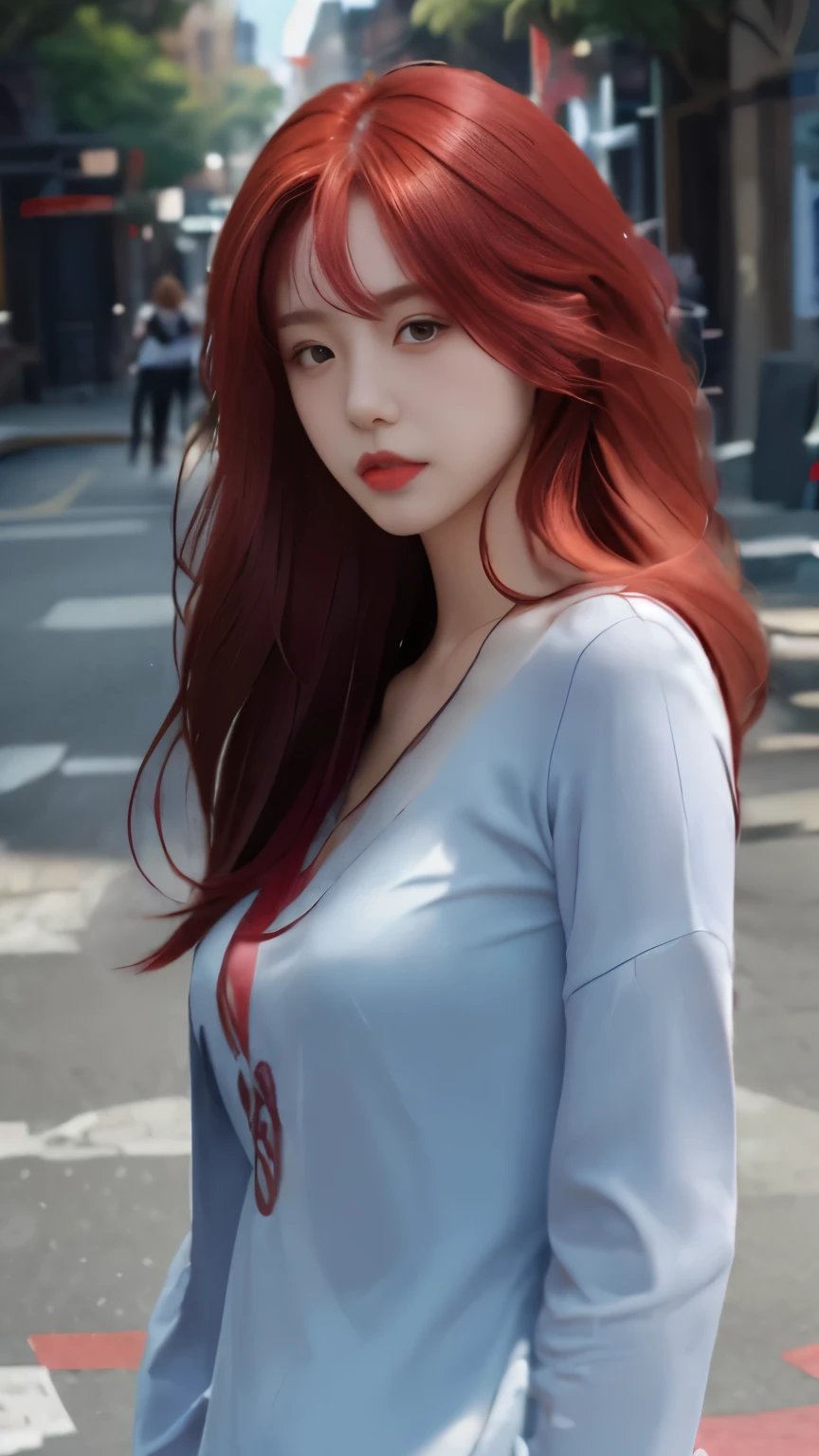 One with long red hair,Standing on the city street,daytime,ultra high resolution,1.4x more realism,UHD Ultra HD