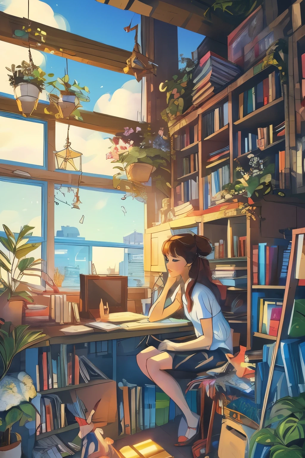 Anime girl sitting at desk at home, animated background art, anime art wallpaper 4k, anime art wallpaper 4k, anime girl wallpaper wallpaper, animated background, Anime Art Wallpaper 8 K, house big window background, animated background화면 4k, animated background화면 4K, 4K animated background화면, animation style 4k, 4k cartoon wallpaper, anime women pictures , exquisite beautiful woman (ultra detail, masterpiece, best quality), long brown hair tied back, Wearing a red Naaki t-shirt (ultra detail, masterpiece, best quality: 1.2), there (ultra detail, masterpiece, best quality :1.1)