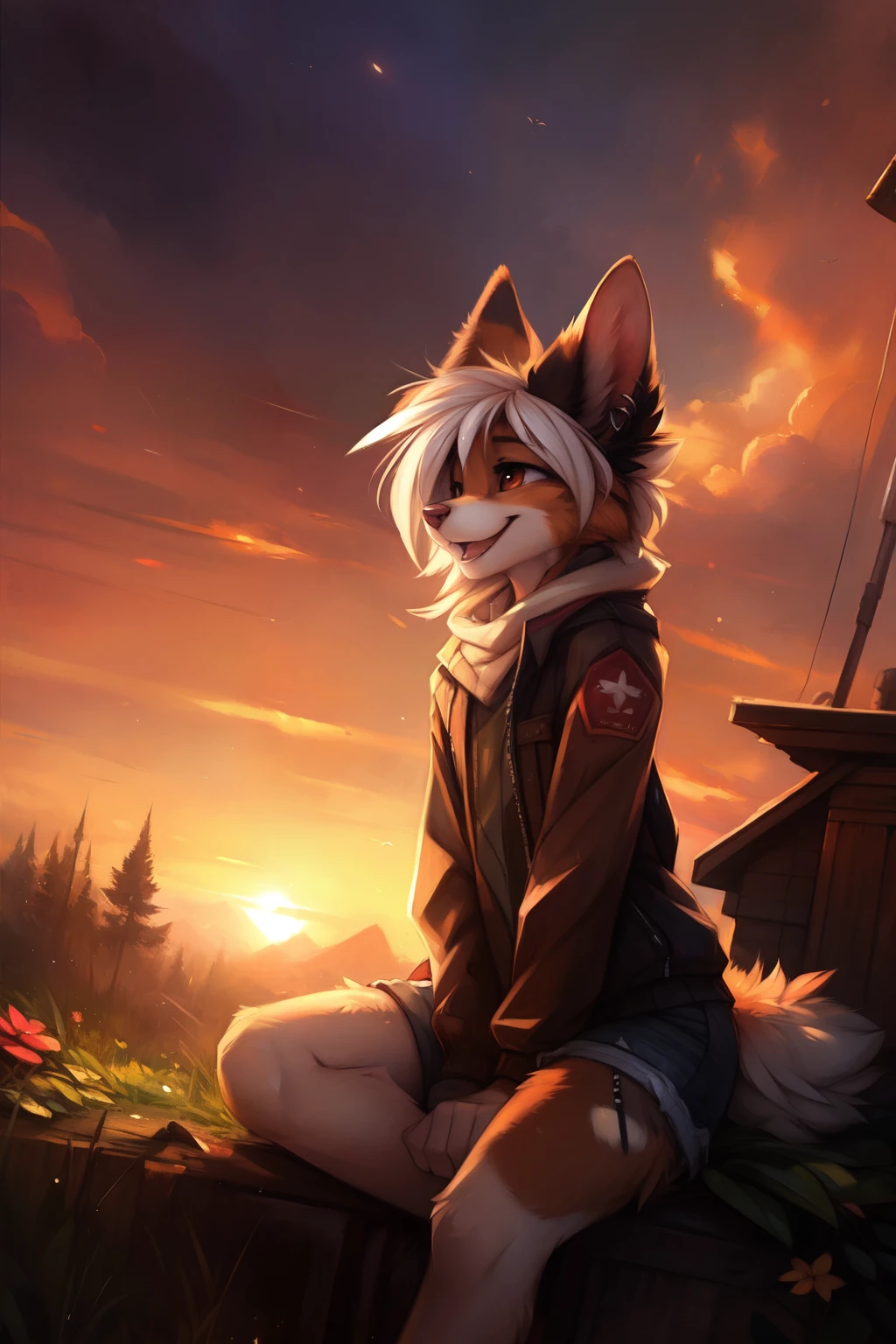 by kenket, by Zackary911, by hyattlen, by teranen, by fumiko, by Pixelsketcher, by Bayard Wu, by Einshelm, by Kilinah, by Hioshiru, by fluff-kevlar, by Dimwitdog, Furry, Anthro, ((small Australian Shepard)), ((girl)), ((young)), ((slender)), full body, playful, laughing, white hair, cinematic lighting, ((fluffy tail)), ear piercing,