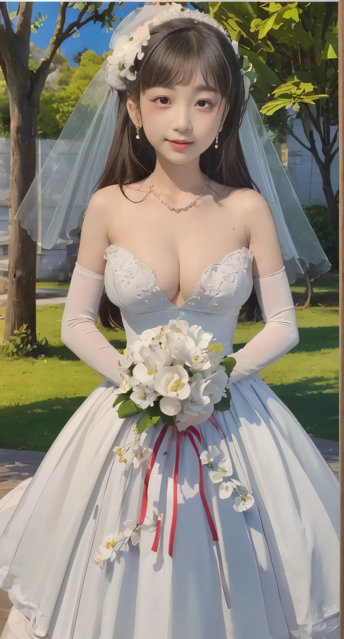 Onitsuka_natsumi,short hair,chisato arashi,(((Pixel perfect, Perfect details))), alone, Smile，
1 girl, 20 years old,young women,Close-up of beautiful bride wearing beautiful bridal dress,Guwitz,（Transparent short veil：1.5），Blushed，Head flower，headgear，（bandeau wedding dress：1.5），（Silk dress：1.2）,（Strapless wedding dress：1.5）,pure white dress，necklace，earrings，(large breasts:1.3)，Deep V peach heart collar wedding dress，through bangs，lipstick，（elbowgloves：1.3),