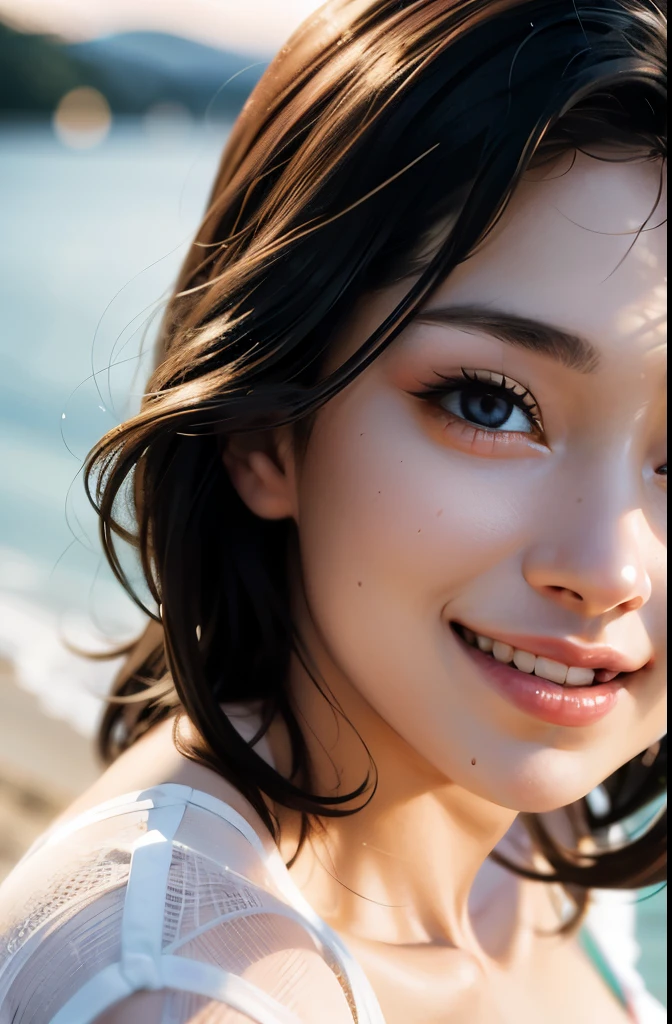 8K,Pieces fly, Highest quality, figure, Very detailed, finely, High resolution, 8k wallpaper, Perfect dynamic composition, Dark and beautiful eyes, bandeau bikini, Random Cute Hairstyles, Natural color lip,At the Beach, Random cute poses,Cleavage,Detailed eyes,Smile,Detailed teeth,Wet body,Wet Hair