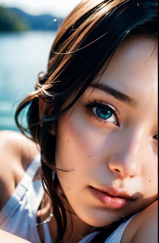 highest quality, ultra high resolution, (realistic:1.4), 1 girl, Close up portrait of woman in white bikini posing for photo, Young sensual gravure idol,long shot,Bullish character is shy