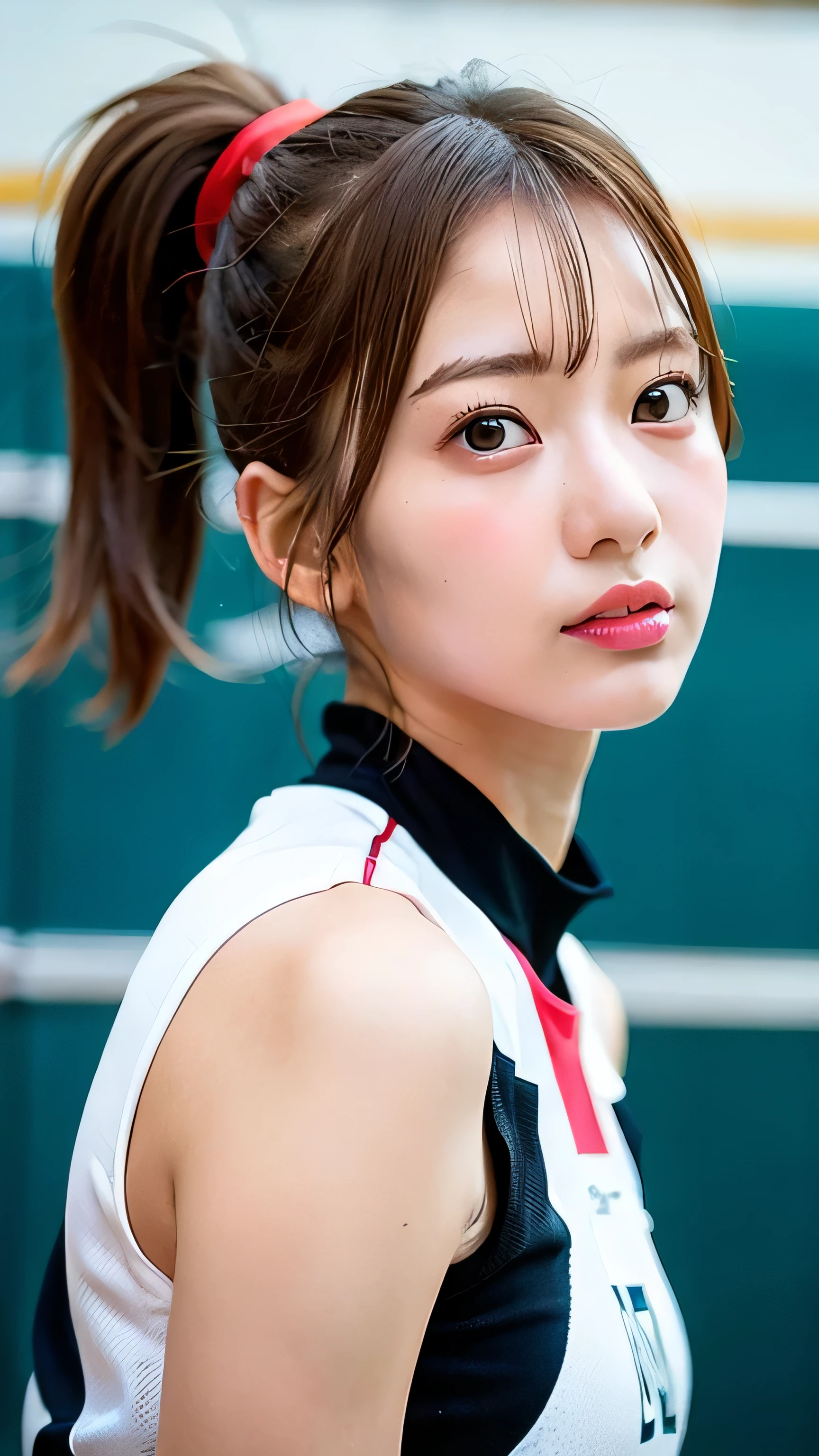 masterpiece:1.2、highest quality)、realistic、(real photos、intricate details、written boundary depth)、(1 girl、alone)、compensate、parted lips、Highly detailed perfect face、(Medium chest:1.4)、narrow、expensive、Shiny coral lips、redhead、red eyes、ponytail、(A girl playing volleyball、volleyball uniform)、(sweating:1.2)、(Wet)、sexy、blush、volleyball court、Volleyball Net、Gym、audience