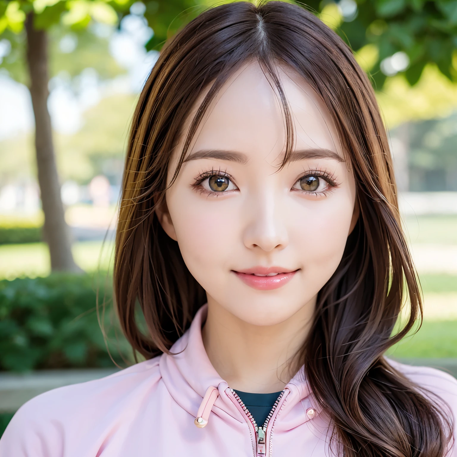 (highest quality、table top、8K、best image quality、Award-winning work)、one beautiful woman、Shining beautiful skin、(stylish pink tracksuit:1.2)、(Unzip the tracksuit and put it on:1.2)、(perfect tracksuit:1.1)、Shining ultra-high definition skin、(accurate anatomy:1.1)、A gentle smile looking at me、(photo from the chest up:1.1)、close up of face、Standing gracefully、(Blurry park background:1.2)、portrait photography、(draw softly and smoothly:1.1)、(very bright and vivid:1.1)、very romantic、光を受けてShining beautiful skin、(very bright and refreshing:1.1)、(the most detailed and perfect face:1.1)、(most detailed glowing eyes:1.1)、(beautiful and moisturized skin:1.1)