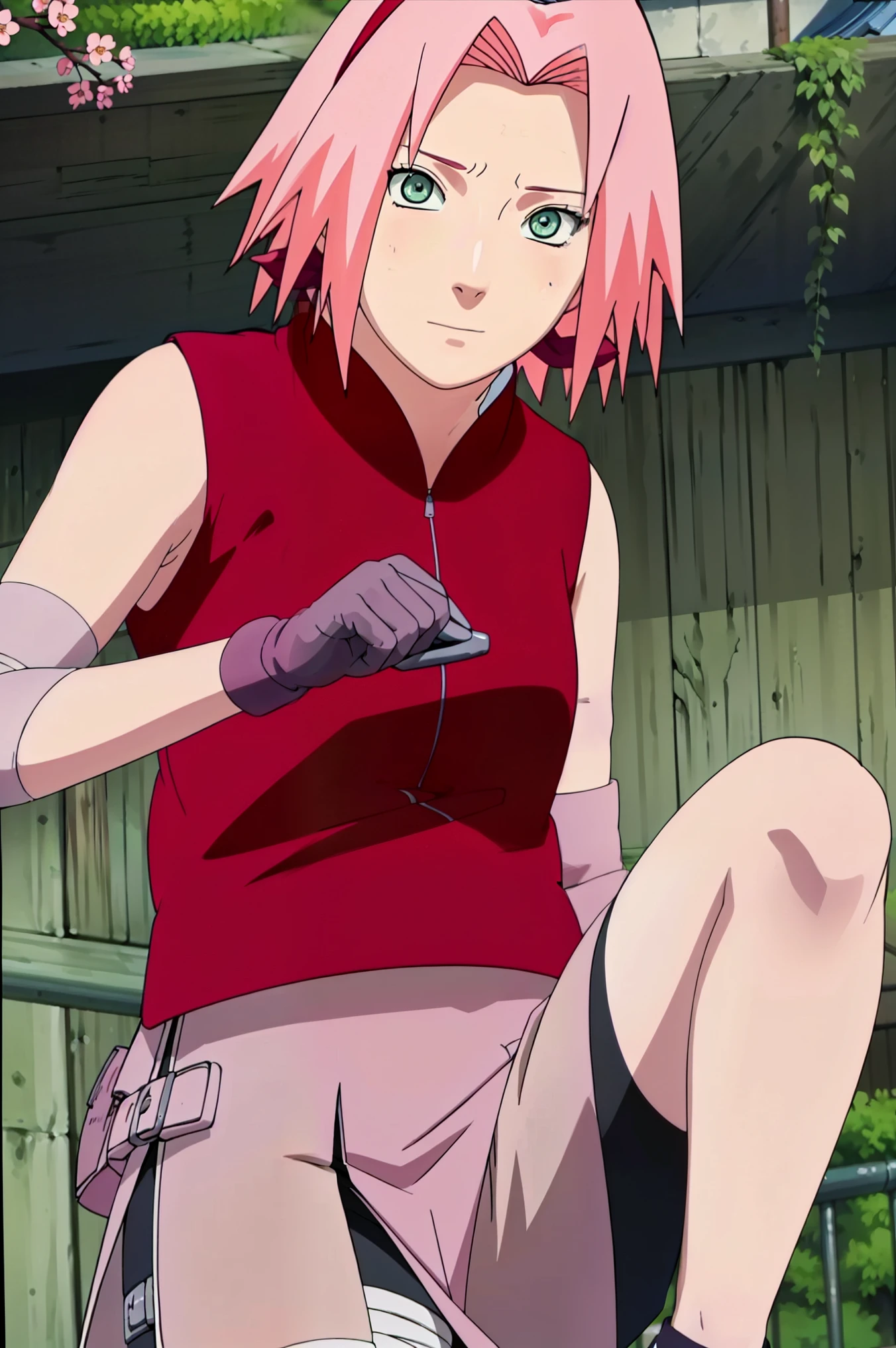 High-quality, ultra-detailed, realistic artwork of a scene from "Sakura Shippuden" with vivid colors, perfect for 4K or 8K resolutions. The scene depicts Sakura Haruno, a young woman, standing gracefully in a garden surrounded by blooming sakura (cherry blossom) trees. She is wearing a red jacket embroidered with the symbol of Konohagakure, the Hidden Leaf Village. Her leg is bandaged, indicating a recent injury. Sakura is wearing a short skirt and toeless footwear, emphasizing her femininity and agility.

Sakura has shoulder-length bangs that softly frame her face, revealing her beautiful, green eyes. Her face is adorned with a forehead protector, which bears the Konohagakure symbol, signifying her allegiance to her village. The artwork showcases Sakura's attention to detail, including her long eyelashes, detailed lips, and delicate features, capturing her determination and inner strength.

The lighting in the scene is soft and warm, casting a gentle glow on the petals of the sakura blossoms. The vibrant colors of the cherry blossoms contrast against Sakura's black short sleeves and gloves, adding depth to the composition. The overall color scheme leans towards pastel tones, enhancing the serene and tranquil atmosphere of the garden.

This masterpiece artwork aims to capture the essence of Sakura Haruno's character, portraying her as a confident, skilled kunoichi amidst the delicate beauty of the sakura garden. The attention to detail, vibrant colors, and realistic rendering will bring this scene to life, evoking the spirit of "Sakura Shippuden" in a visually stunning manner.