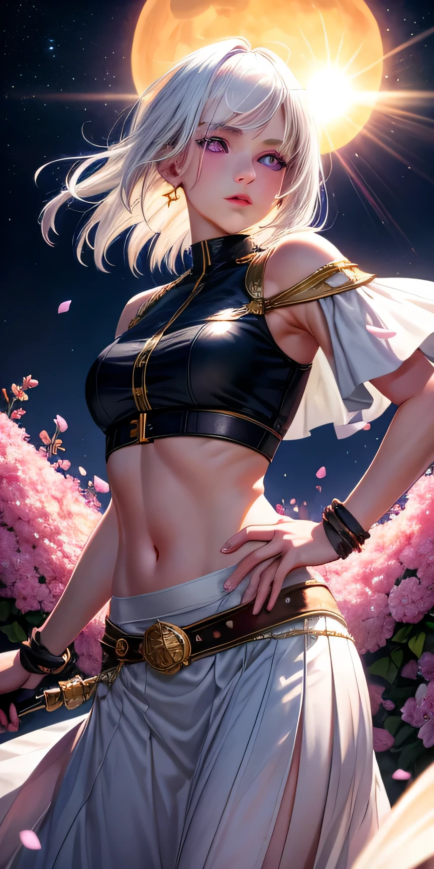 realistic, 1girl, white hair, purple eyes, glowing eyes, crop top, skirt, parted lips, blush, night, flowers, sun, sunlight,