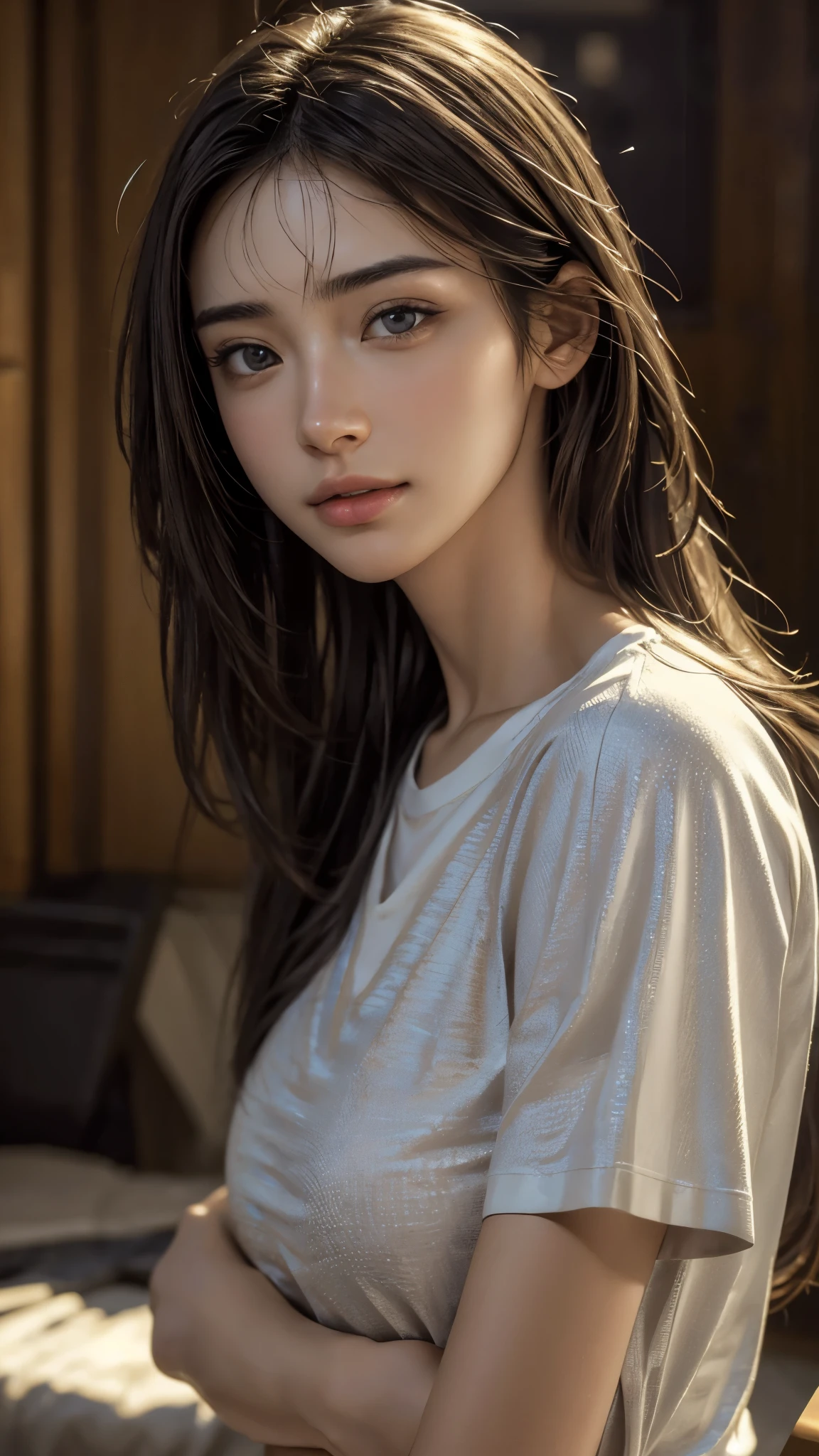 dressed, (photo realistic:1.4), (hyper realistic:1.4), (realistic:1.3), (smoother lighting:1.05), (Improve the quality of cinematic lighting:0.9), 32K, 1 girl,20 year old girl, realistic lighting, Backlight, light shines on your face, ray tracing, (bright light:1.2), (Improvement of quality:1.4), (Highest quality realistic textured skin:1.4), detailed eyes, detailed face, high quality eyes, (Tired, sleepy and satisfied:0.0), close up of face, T-shirt, (Enhance the mood of your body line:1.1), (Enhances the beauty of skin texture:1.1)