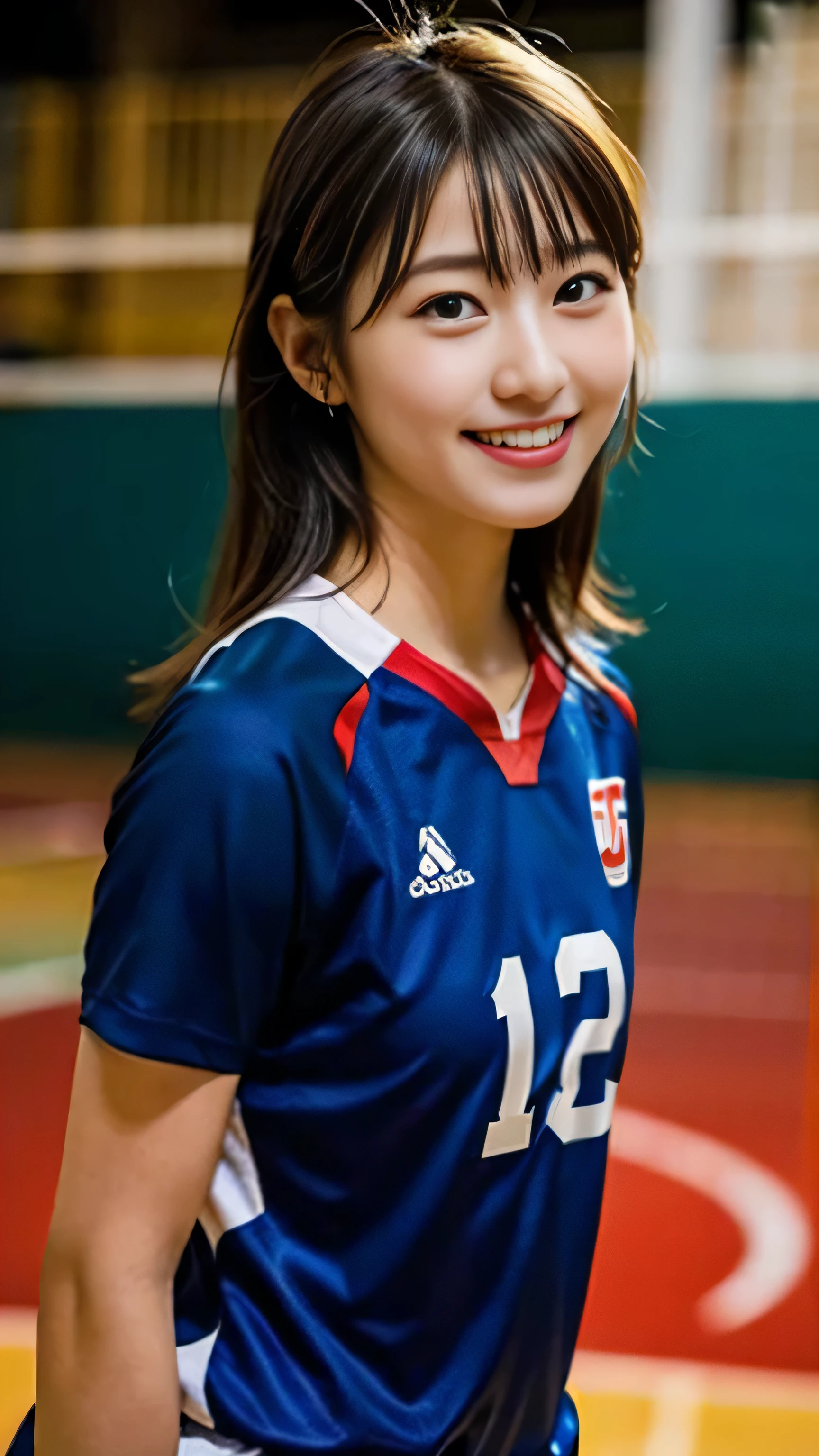 (8K、RAW photo、highest quality、masterpiece:1.2)、(realistic、Photoreal:1.37)、Super detailed、ultra high resolution、1 girl、see the beholder、beautiful and detailed face、laughter、narrow、(slim waist) :1.3)、beautiful and smooth skin、skin texture、floating hair、professional lighting、as a whole human body、long hair、blonde、bob hair、F cup、smile、16 years old、baby face、childish smile、no makeup、volleyball uniform、sleeveless、Volleyball match venues