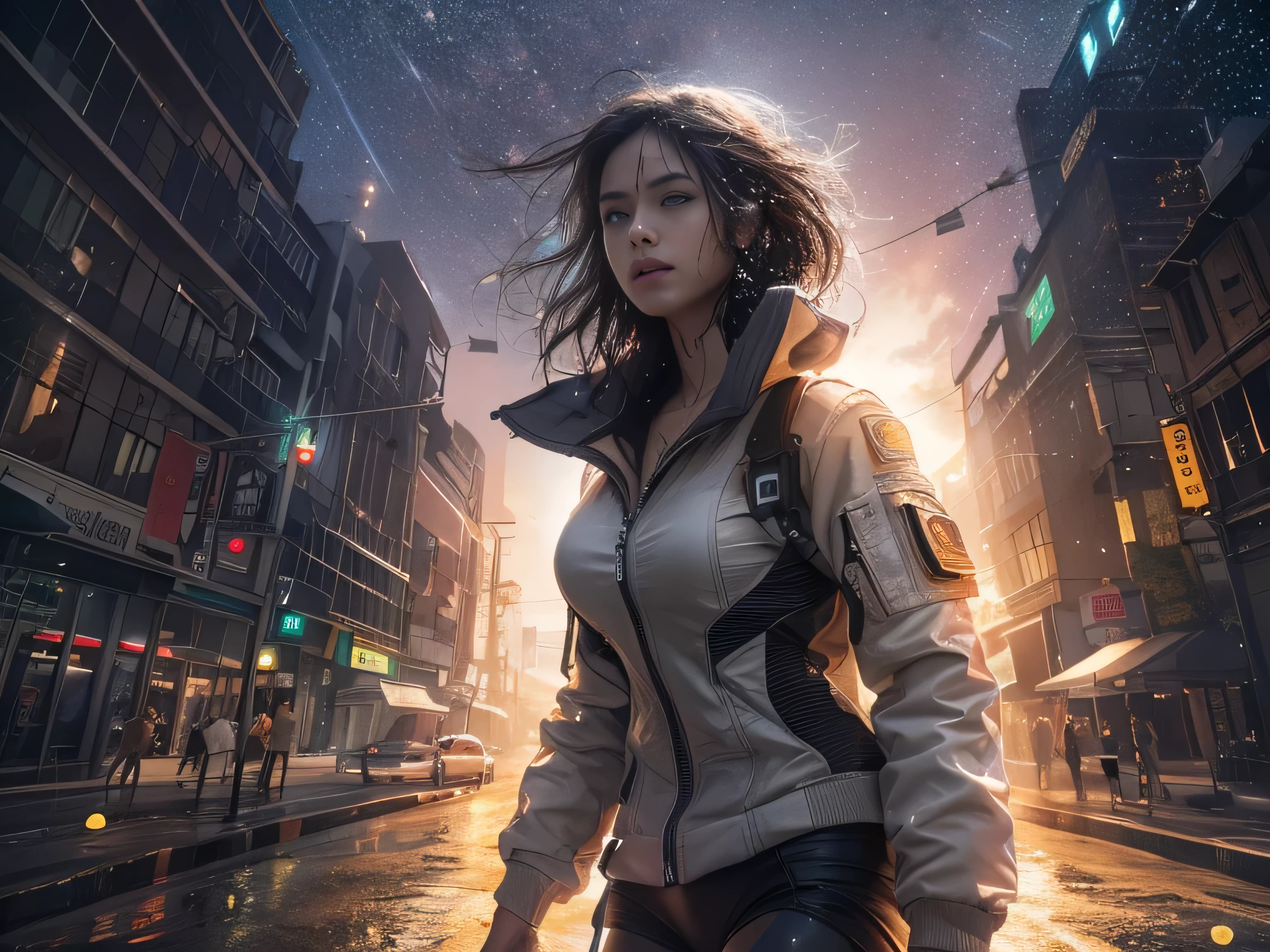 best image quality, movie lighting, octane rendering, super sharp, 1 girl, Japanese, troubled face, glowing skin, Detained fugitives, Running figure, brown hair, shortcut, Full body white pilot suit:1.3, cleavage, cyber punk, Night sky with countless stars twinkling, Shining Milky Way, heavy rain:1.3, Remains, Laser beam attack, big explosion:1.3, Pillar of fire:1.2, A city engulfed in flames, flood, wet hair:1.5, wet skin:1.5, puddle, fine eyes, Fine skin texture, camel toe, Detailed CG image quality, 8mm fisheye lens, Angle looking up from below:1.2, (whole body angle), Full body soaked, fast shutter speed,