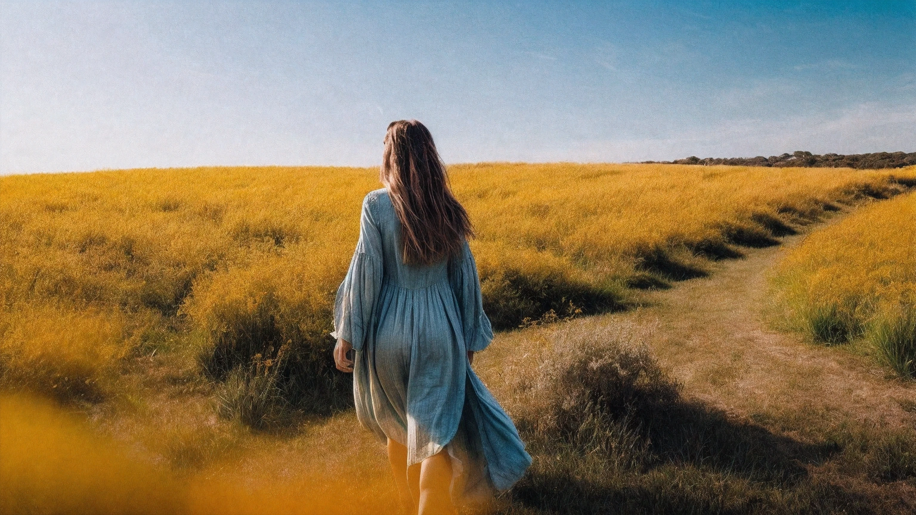a girl walking through a field, in the style of ethereal trees, dark yellow and azure, majestic, sweeping seascapes, photorealistic representation, graceful balance, wimmelbilder, orange