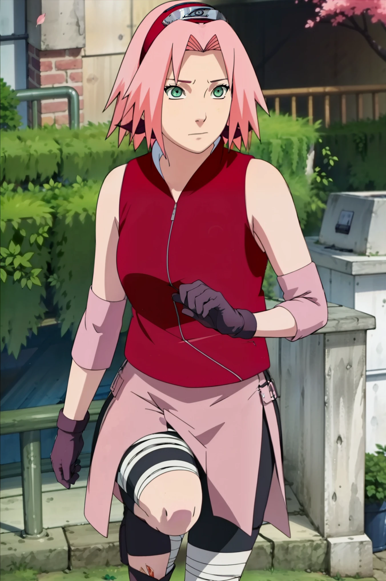 High-quality, ultra-detailed, realistic artwork of a scene from "Sakura Shippuden" with vivid colors, perfect for 4K or 8K resolutions. The scene depicts Sakura Haruno, a young woman, standing gracefully in a garden surrounded by blooming sakura (cherry blossom) trees. She is wearing a red jacket embroidered with the symbol of Konohagakure, the Hidden Leaf Village. Her leg is bandaged, indicating a recent injury. Sakura is wearing a short skirt and toeless footwear, emphasizing her femininity and agility.
Sakura has shoulder-length bangs that softly frame her face, revealing her beautiful, green eyes. Her face is adorned with a forehead protector, which bears the Konohagakure symbol, signifying her allegiance to her village. The artwork showcases Sakura's attention to detail, including her long eyelashes, detailed lips, and delicate features, capturing her determination and inner strength.
The lighting in the scene is soft and warm, casting a gentle glow on the petals of the sakura blossoms. The vibrant colors of the cherry blossoms contrast against Sakura's black short sleeves and gloves, adding depth to the composition. The overall color scheme leans towards pastel tones, enhancing the serene and tranquil atmosphere of the garden.
This masterpiece artwork aims to capture the essence of Sakura Haruno's character, portraying her as a confident, skilled kunoichi amidst the delicate beauty of the sakura garden. The attention to detail, vibrant colors, and realistic rendering will bring this scene to life, evoking the spirit of "Sakura Shippuden" in a visually stunning manner.