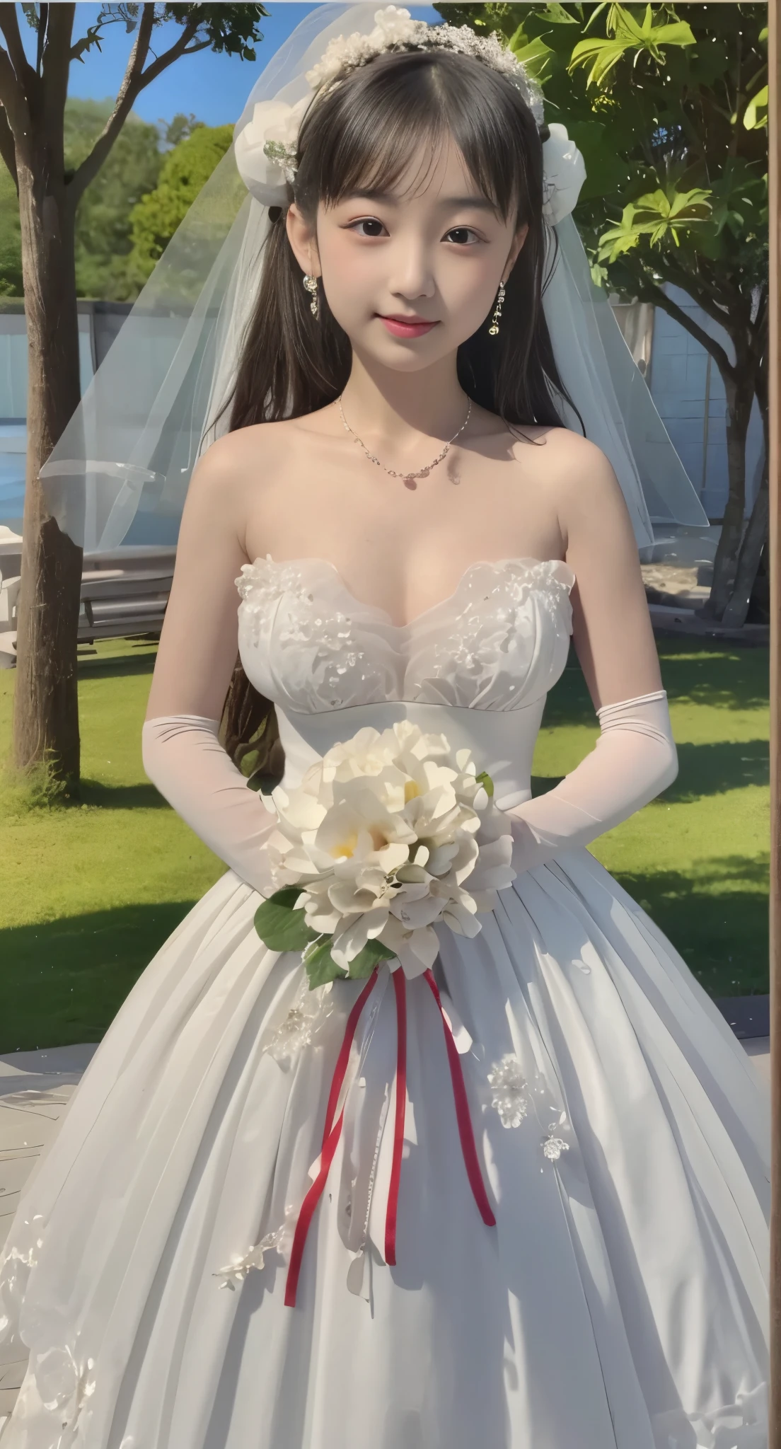 Onitsuka_natsumi,short hair,chisato arashi,(((Pixel perfect, Perfect details))), alone, Smile,
1 girl, 20 years old,young women,Close-up of beautiful bride wearing beautiful bridal dress,Guwitz,(Transparent short veil:1.5),Blushed,Head flower,headgear,(bandeau wedding dress:1.5),(Silk dress:1.2),(Strapless wedding dress:1.5),pure white dress,necklace,earrings,(large breasts:1.3),Deep V peach heart collar wedding dress,through bangs,lipstick,(elbowgloves:1.3),
