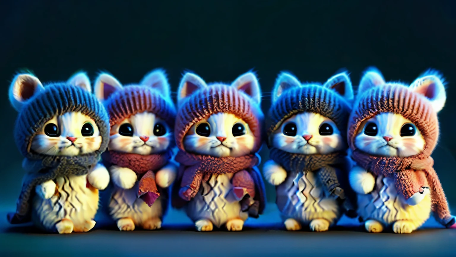There are four kittens wrapped in a blanket., cute cat, Digitally draw adorable pictures, cute catの写真, cute and adorable, Beautiful 3D rendering, Beautifully detailed digital art, nice and cute, cute animals, Small fluffy cat wearing a small hat, nice and cute, Cute hats
