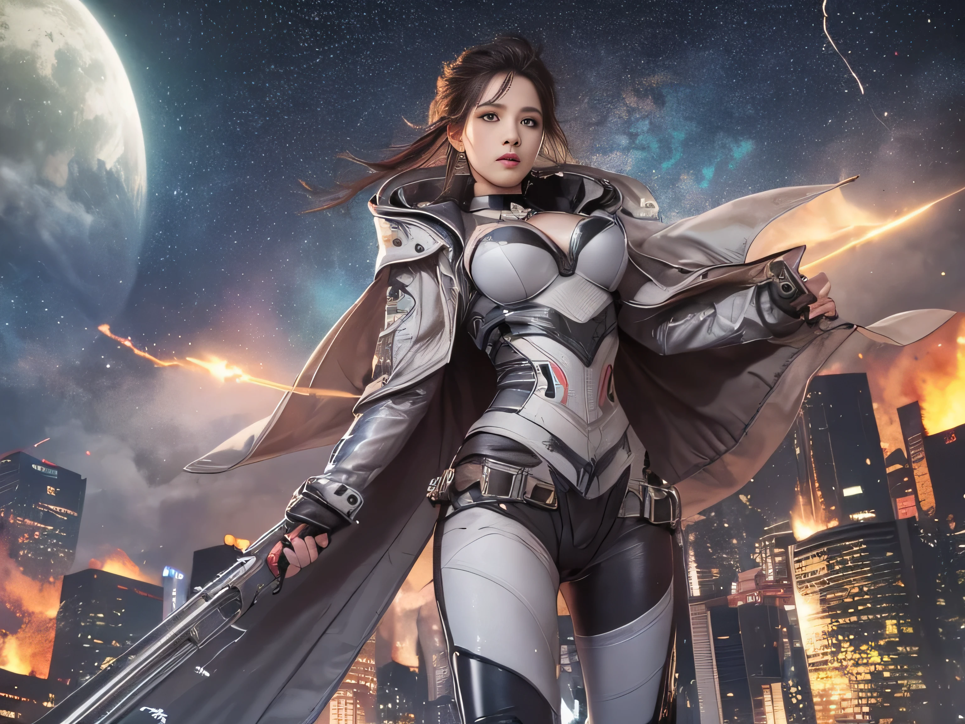 best image quality, movie lighting, octane rendering, super sharp, 1 girl, Japanese, 15 years old, troubled face, glowing skin, Detained fugitives, Running figure, brown hair, shortcut, Full body white pilot suit:1.3, cleavage, cyber punk, Night sky with countless stars twinkling, Shining Milky Way, heavy rain:1.3, Remains, Laser beam attack, big explosion:1.3, Pillar of fire:1.2, A city engulfed in flames, flood, wet hair:1.5, wet skin:1.5, puddle, fine eyes, Fine skin texture, camel toe, Detailed CG image quality, 8mm fisheye lens, Angle looking up from below:1.2, (whole body angle), Full body soaked, fast shutter speed,