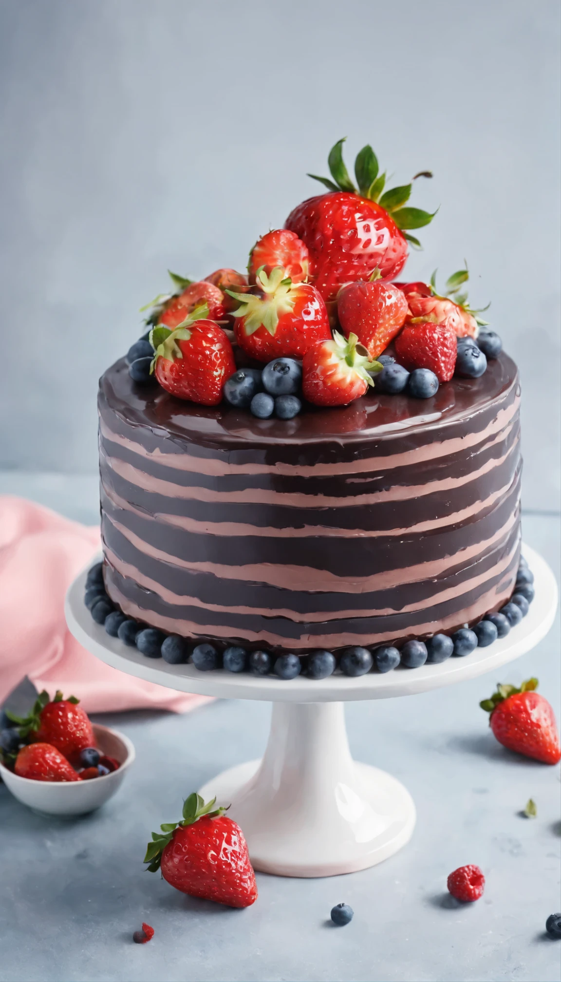 Birthday cake size diamater 30cm, height 20 cm, colorfull with strawberry and chocolate topping.