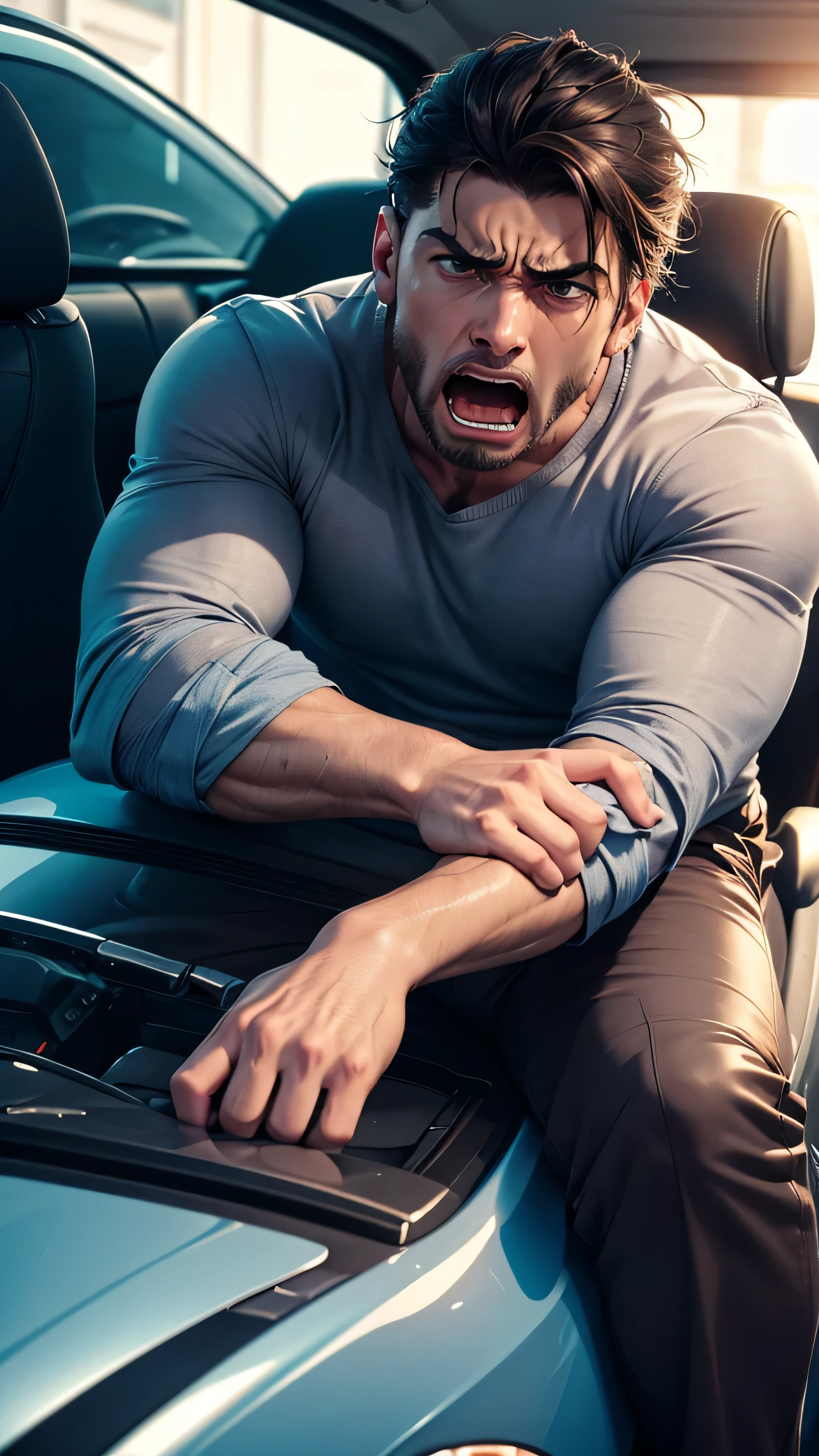 A close up of a masculine man sitting on the car with a very very Shocked and scared expression like he is about to crash and he is screaming