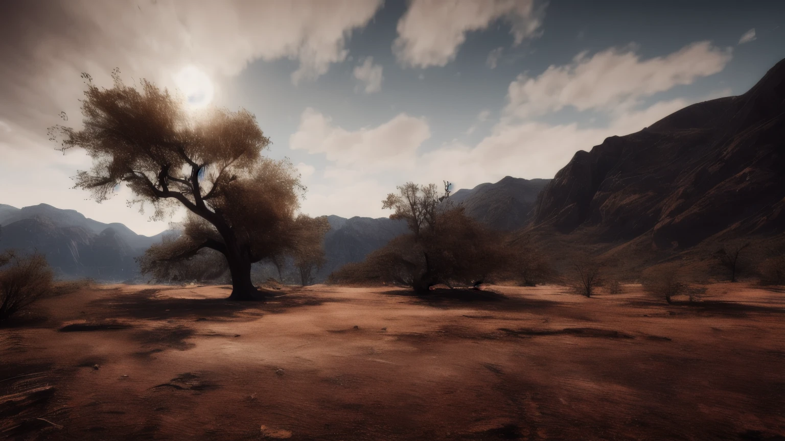 hyper ultra realistic photographs full body of A lone, skeletal tree stands stark against a cracked and parched earth, its branches reaching towards a sky devoid of rain. Was it a victim of drought, or something more sinister? What does it witness in its desolate solitude? ratio 16:9, 4k, 8k resolution, High quality photo, high detailed, imagesharp focus, Cinematic lighting,hyperdetailed & Unreal engine, detail, realism, photography,cinematography, camera NIKON, lens NIKKOR flagship, masterpiece. hyper-maximalism, ultradetailed photorealistic, light skin imperfections, final render, vray, photo, fashion