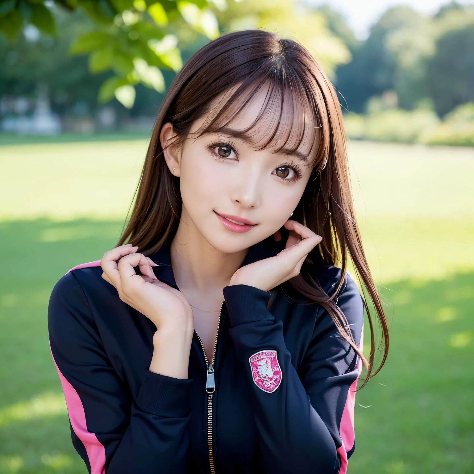 (highest quality、table top、8K、best image quality、Award-winning work)、one beautiful woman、Shining beautiful skin、(Tracksuit with navy accents on a pink base:1.2)、(Wear a tracksuit with the zipper wide open:1.2)、(the most stylish perfect tracksuit:1.1)、Shining ultra-high definition skin、(accurate anatomy:1.1)、A gentle smile looking at me、(photo from the chest up:1.1)、(close up of face:1.05)、Standing gracefully、(Blurry park background:1.2)、portrait photography、(draw softly and smoothly:1.1)、(very bright and vivid:1.1)、very romantic、光を受けてShining beautiful skin、(very bright and refreshing:1.1)、(the most detailed and perfect face:1.1)、(most detailed glowing eyes:1.1)、(beautiful and moisturized skin:1.1)