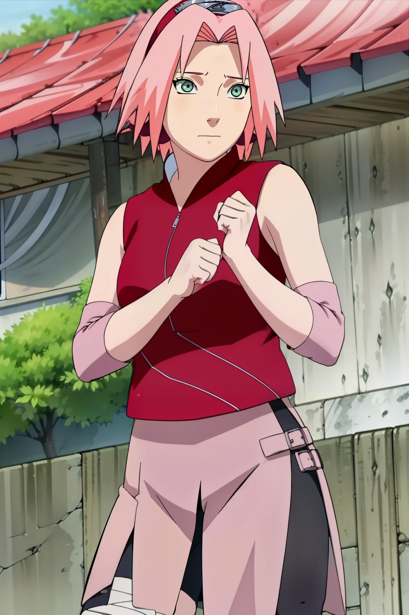 High-quality, ultra-detailed, realistic artwork of a scene from "Sakura Shippuden" with vivid colors, perfect for 4K or 8K resolutions. The scene depicts Sakura Haruno, a young woman, standing gracefully in a garden surrounded by blooming sakura (cherry blossom) trees. She is wearing a red jacket embroidered with the symbol of Konohagakure, the Hidden Leaf Village. Her leg is bandaged, indicating a recent injury. Sakura is wearing a short skirt and toeless footwear, emphasizing her femininity and agility.
Sakura has shoulder-length bangs that softly frame her face, revealing her beautiful, green eyes. Her face is adorned with a forehead protector, which bears the Konohagakure symbol, signifying her allegiance to her village. The artwork showcases Sakura's attention to detail, including her long eyelashes, detailed lips, and delicate features, capturing her determination and inner strength.
The lighting in the scene is soft and warm, casting a gentle glow on the petals of the sakura blossoms. The vibrant colors of the cherry blossoms contrast against Sakura's black short sleeves and gloves, adding depth to the composition. The overall color scheme leans towards pastel tones, enhancing the serene and tranquil atmosphere of the garden.
This masterpiece artwork aims to capture the essence of Sakura Haruno's character, portraying her as a confident, skilled kunoichi amidst the delicate beauty of the sakura garden. The attention to detail, vibrant colors, and realistic rendering will bring this scene to life, evoking the spirit of "Sakura Shippuden" in a visually stunning manner.