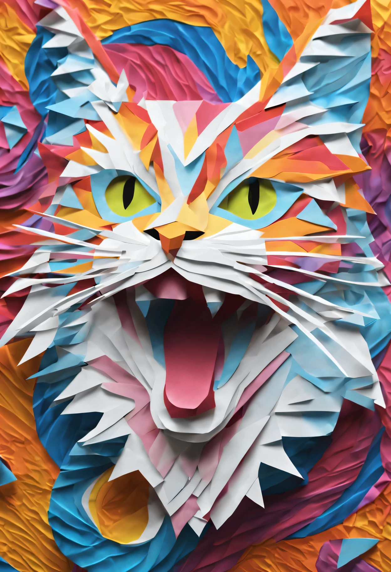 (Hologram projection effect:1.5),(Cat yawning), white background,(paper art, Quilted paper art:1.2, geometry:1.1, zentangle,3D rendering), (very colorful, highest quality, advanced details, masterpiece, cinematic lighting, 4K)