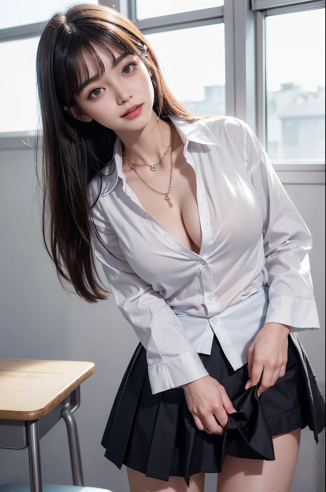 (Pulling up a skirt with both hands:1.8)、Skirt flip、（I can see my pants:1.8）、((No makeup:1.2))、(open shirt:1.8)、(realistic、Photoreal、super detailed、best detailed skins、highest quality、masterpiece、Super high resolution)、cute japanese woman、17 years old、high school girl、young girl、1 girl、have bangs、double eyelid、purity、double teeth、realistic肌タイプ、fluffy hair、red cheeks、(School uniform shirt）、white shirt with long sleeves and collar、checked skirt、（black hair）、bright classroom、（school classroom）、bright atmosphere、8K RAW photo、High resolution、(very big round breasts:1.2)、beautiful eyes、detailed eyes、drawn in detail、long eyelashes、美しいdouble eyelid、beautiful and very thin legs、（Beautiful and very thin thighs）,simple necklace、extremely short skirts、Quite embarrassed look、red cheeks,duck mouth、evil smile、evil look、beautiful and very thin legs、Beautiful and very thin thighs,